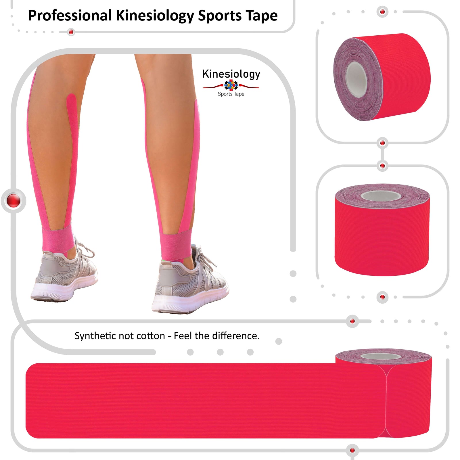 Pink kinesiology tape applied to a man's neck and shoulder, with two rolls of tape beside him – professional sports tape, Kinesiology Sports Tape