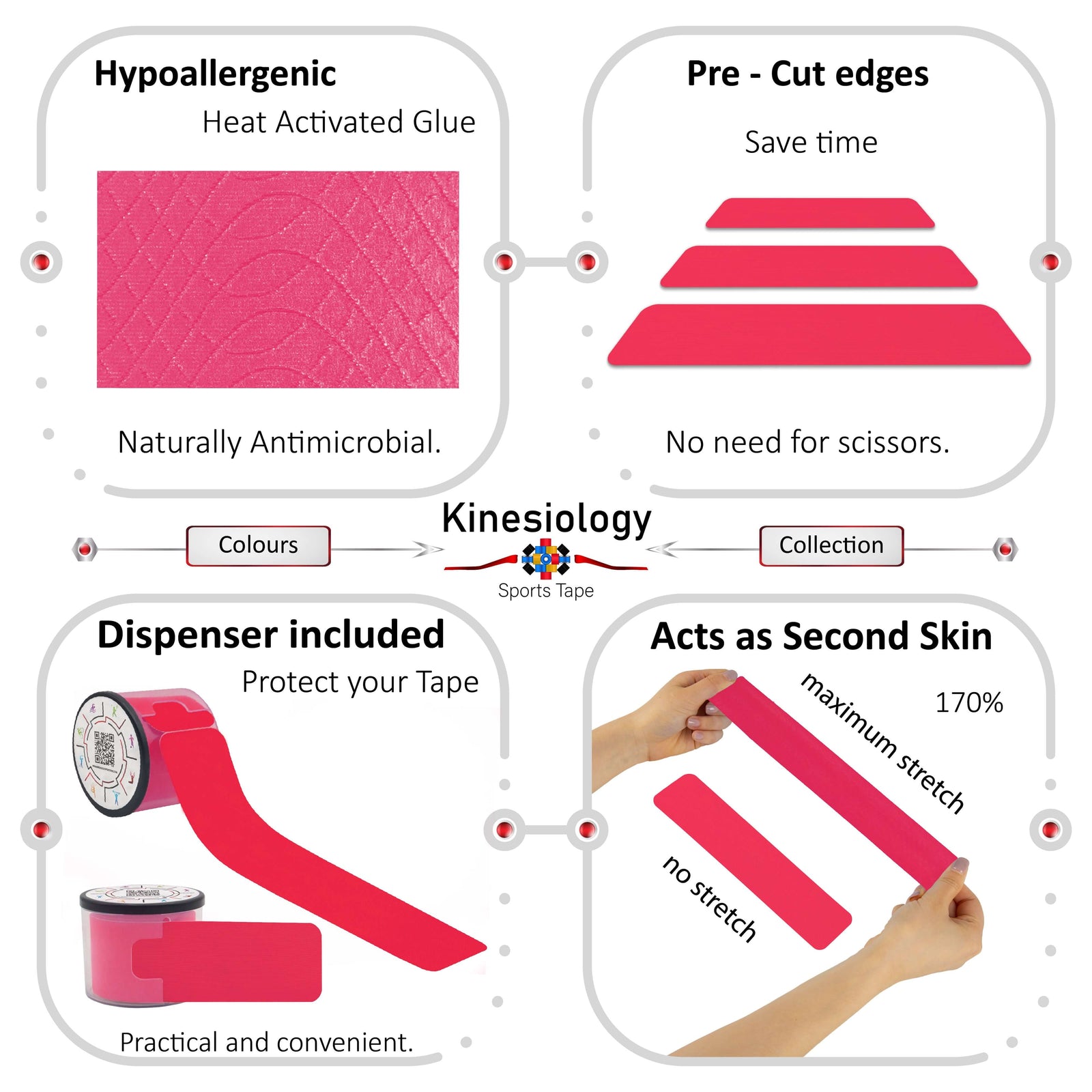 Pink kinesiology tape features: hypoallergenic heat-activated glue, pre-cut edges, dispenser included, 170% stretch – Kinesiology Sports Tape