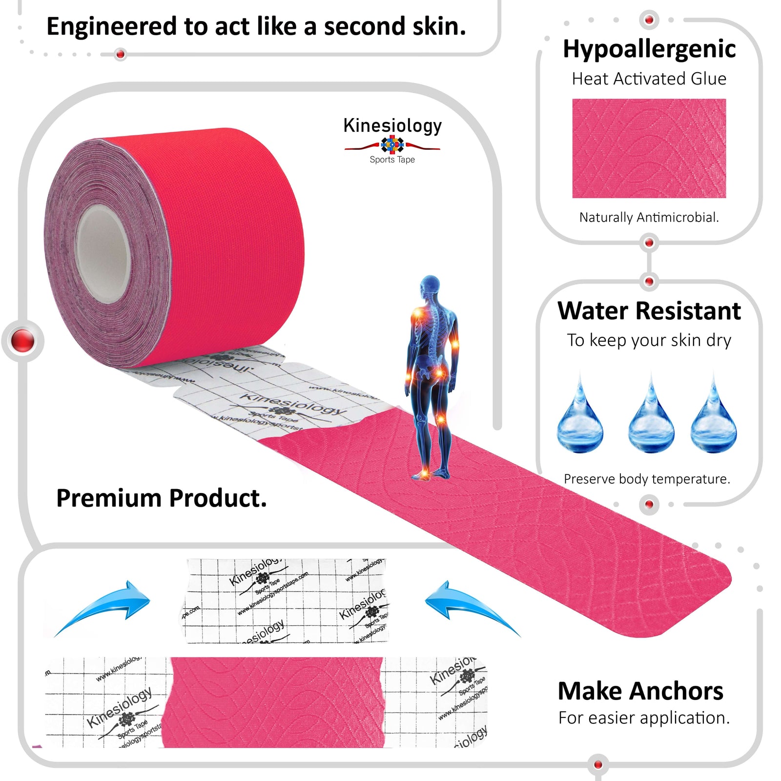 Pink kinesiology tape unrolling from its backing paper, showing the anchor markings – water-resistant, acts like a second skin – Kinesiology Sports Tape
