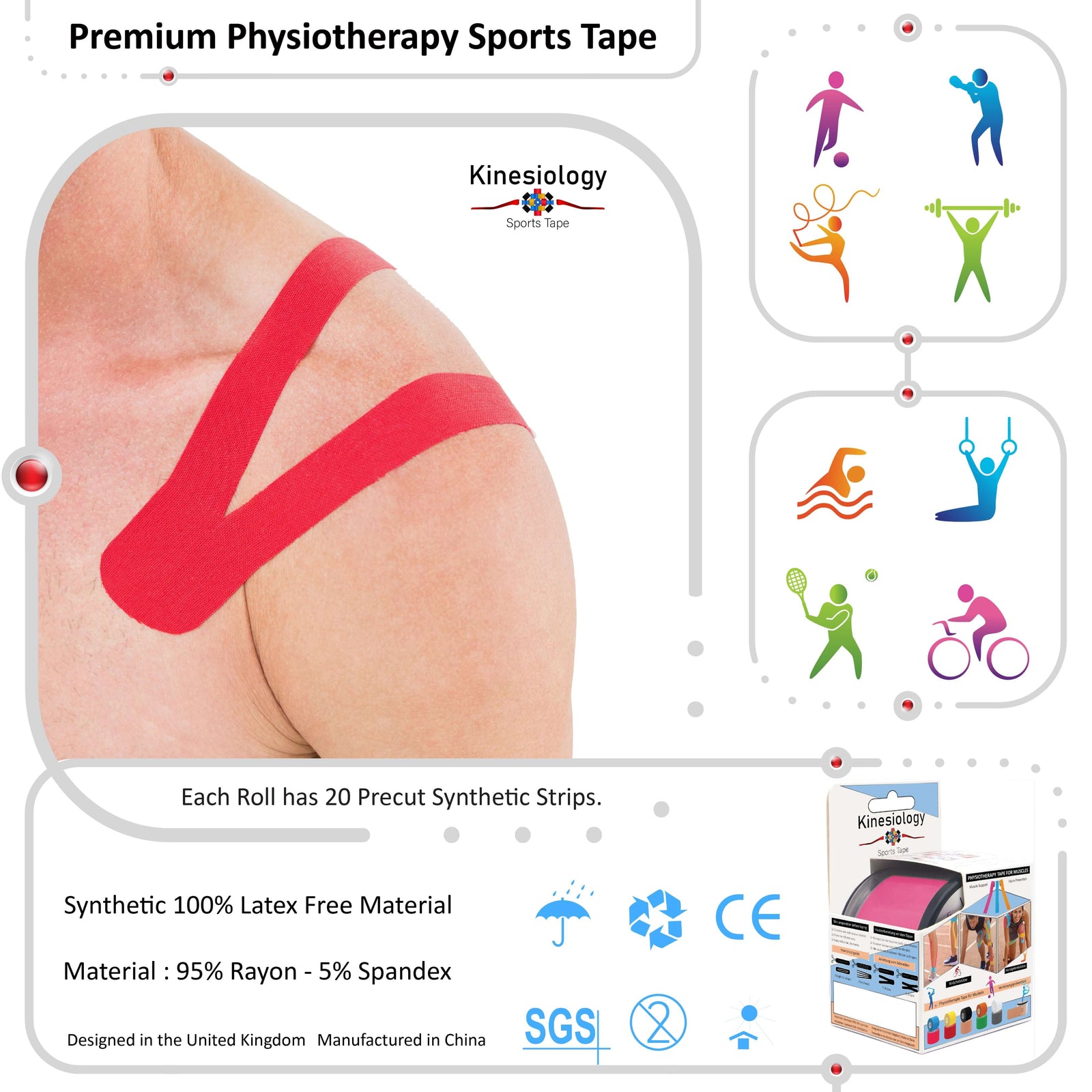Pink kinesiology tape applied to a woman's knee – 20 pre-cut strips per roll, latex-free 95% rayon 5% spandex – Kinesiology Sports Tape