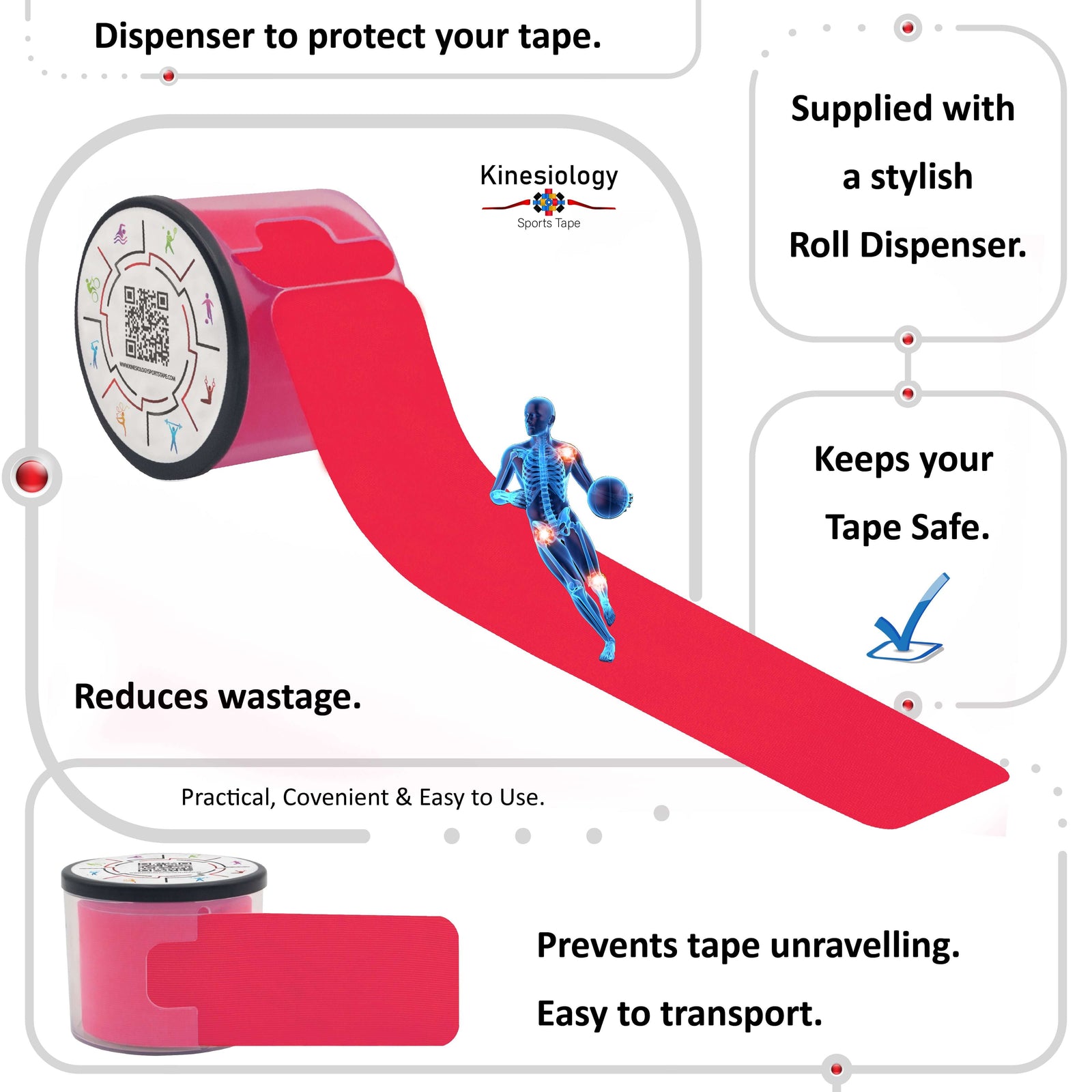 Pink kinesiology tape in its built-in roll dispenser, which keeps the tape safe and stops it unravelling – Kinesiology Sports Tape