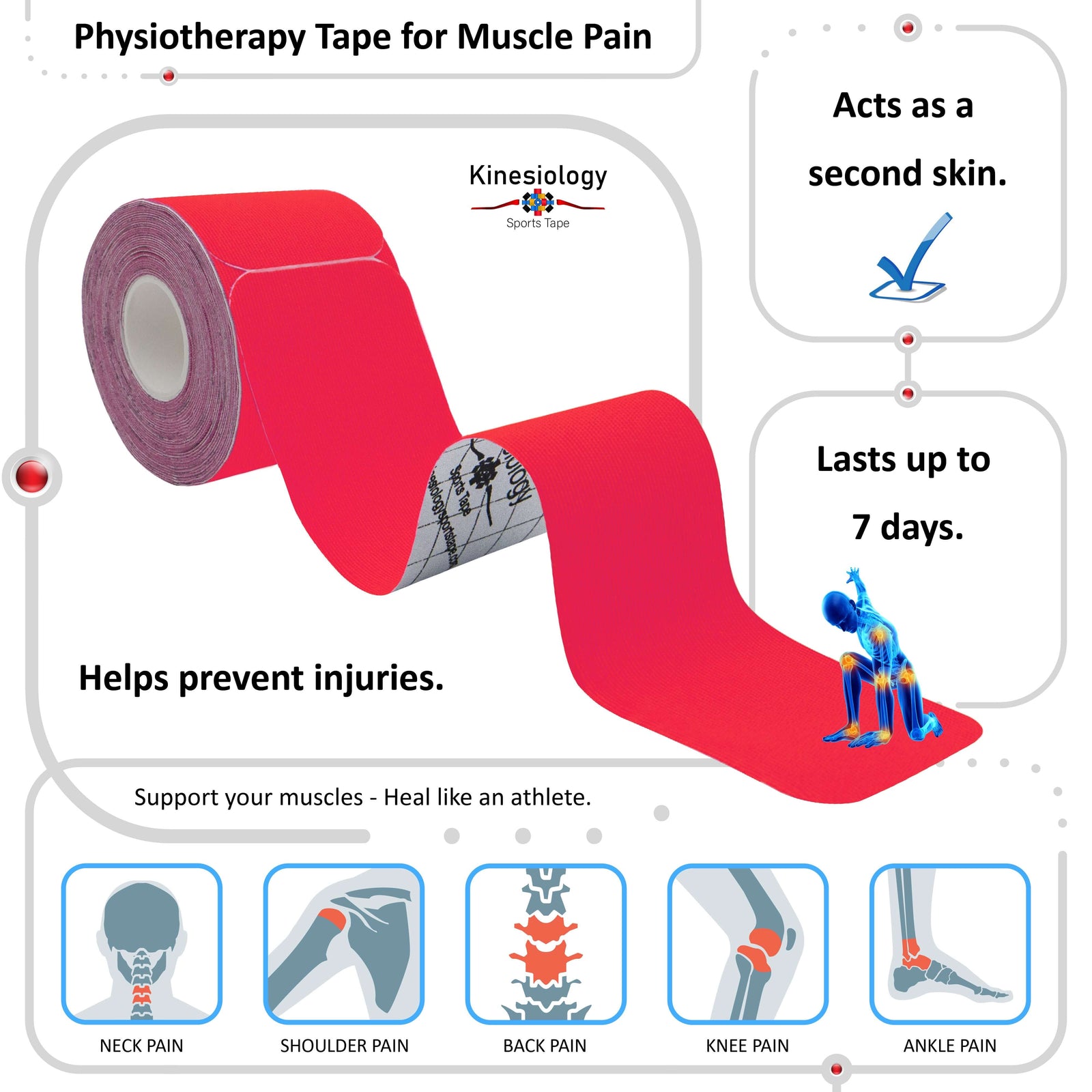 Pink physiotherapy kinesiology tape for muscle pain – neck, shoulder, back, knee and ankle, lasts up to 7 days – Kinesiology Sports Tape