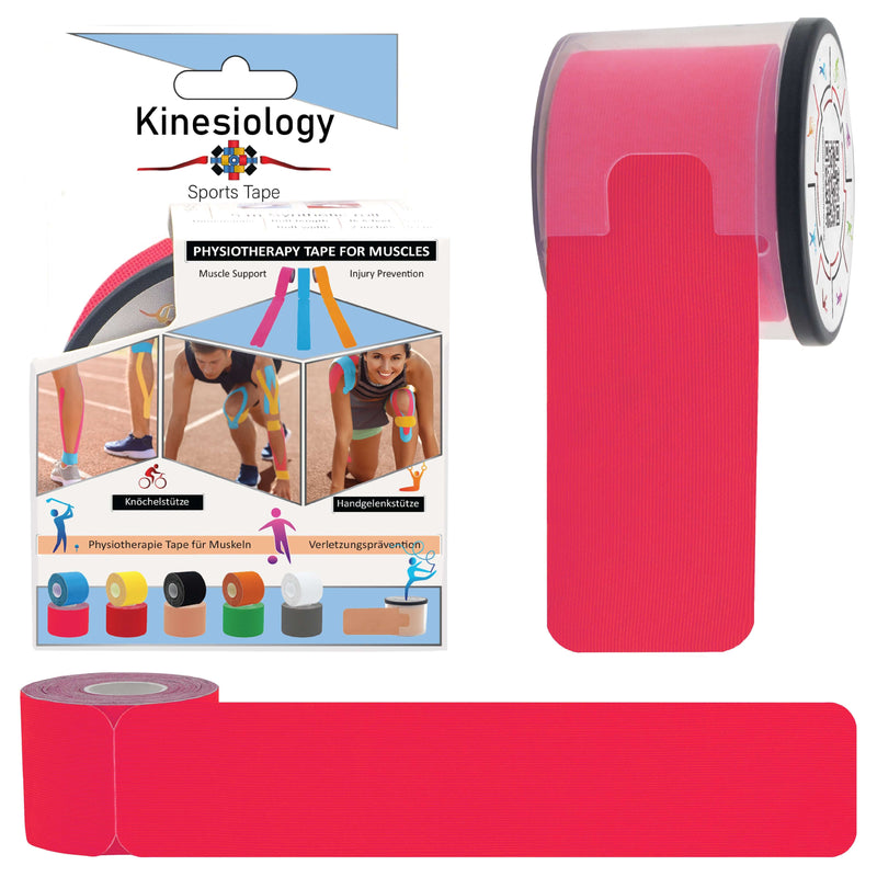 Pink kinesiology tape retail box with a pre-cut roll in its built-in dispenser and a loose strip – pink synthetic kinesiology tape, Kinesiology Sports Tape
