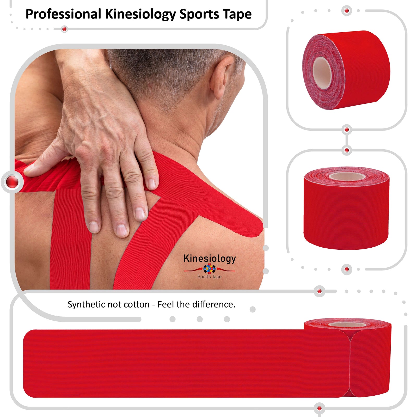 Red kinesiology tape applied to a man's neck and shoulder, with two rolls of tape beside him – professional sports tape, Kinesiology Sports Tape