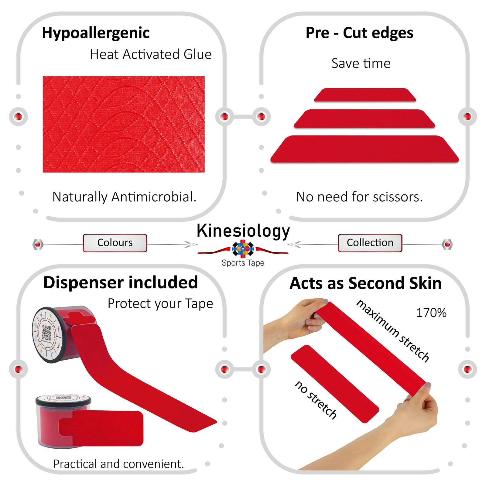 Red kinesiology tape features: hypoallergenic heat-activated glue, pre-cut edges, dispenser included, 170% stretch – Kinesiology Sports Tape