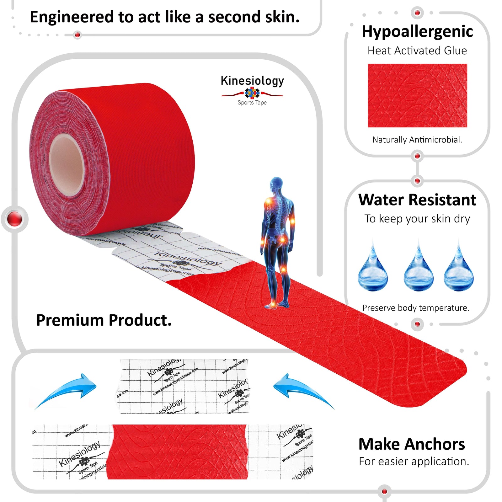 Red kinesiology tape unrolling from its backing paper, showing the anchor markings – water-resistant, acts like a second skin – Kinesiology Sports Tape