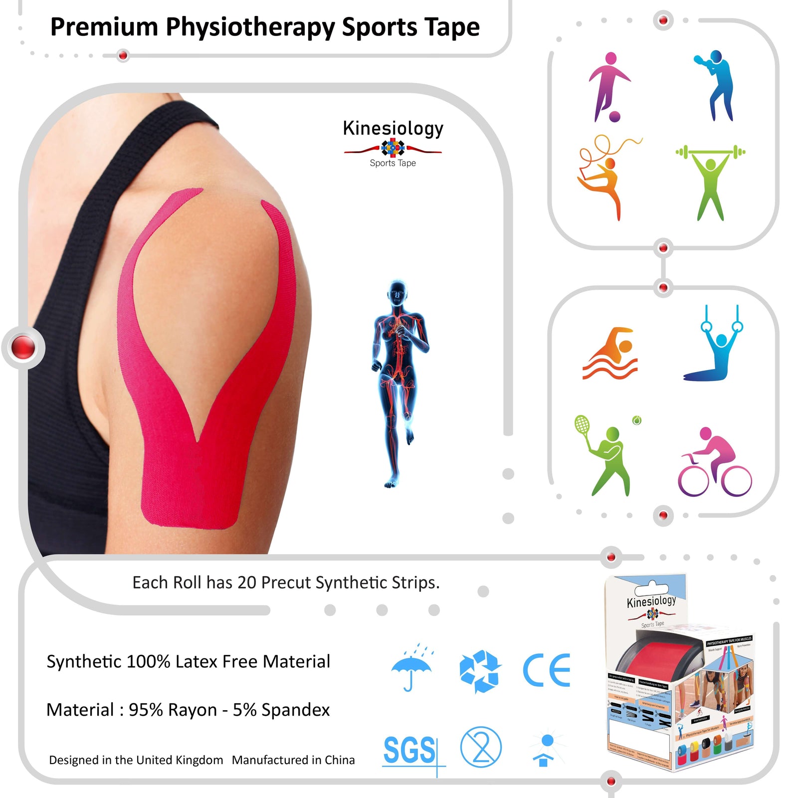 Red kinesiology tape applied to a woman's knee – 20 pre-cut strips per roll, latex-free 95% rayon 5% spandex – Kinesiology Sports Tape