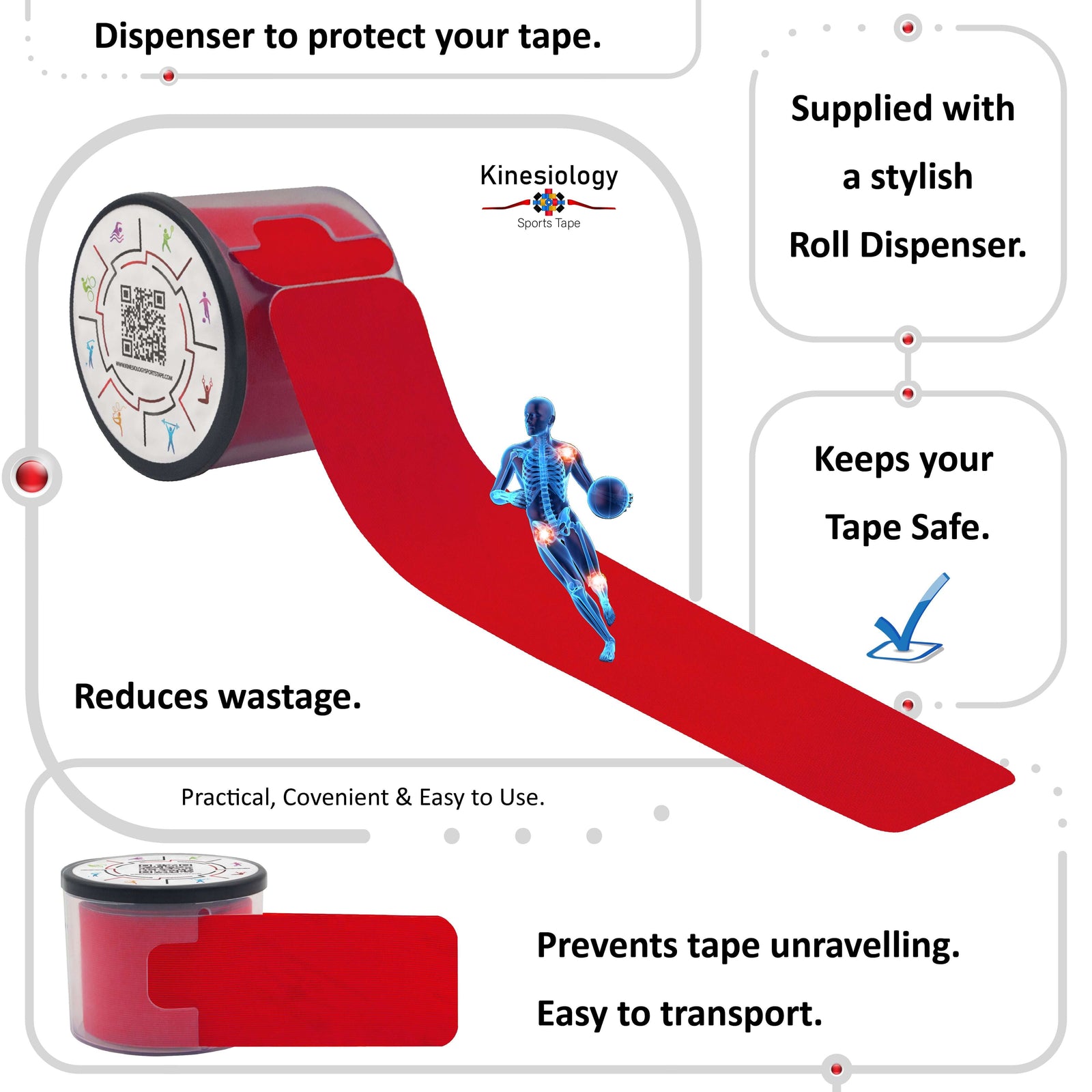 Red kinesiology tape in its built-in roll dispenser, which keeps the tape safe and stops it unravelling – Kinesiology Sports Tape