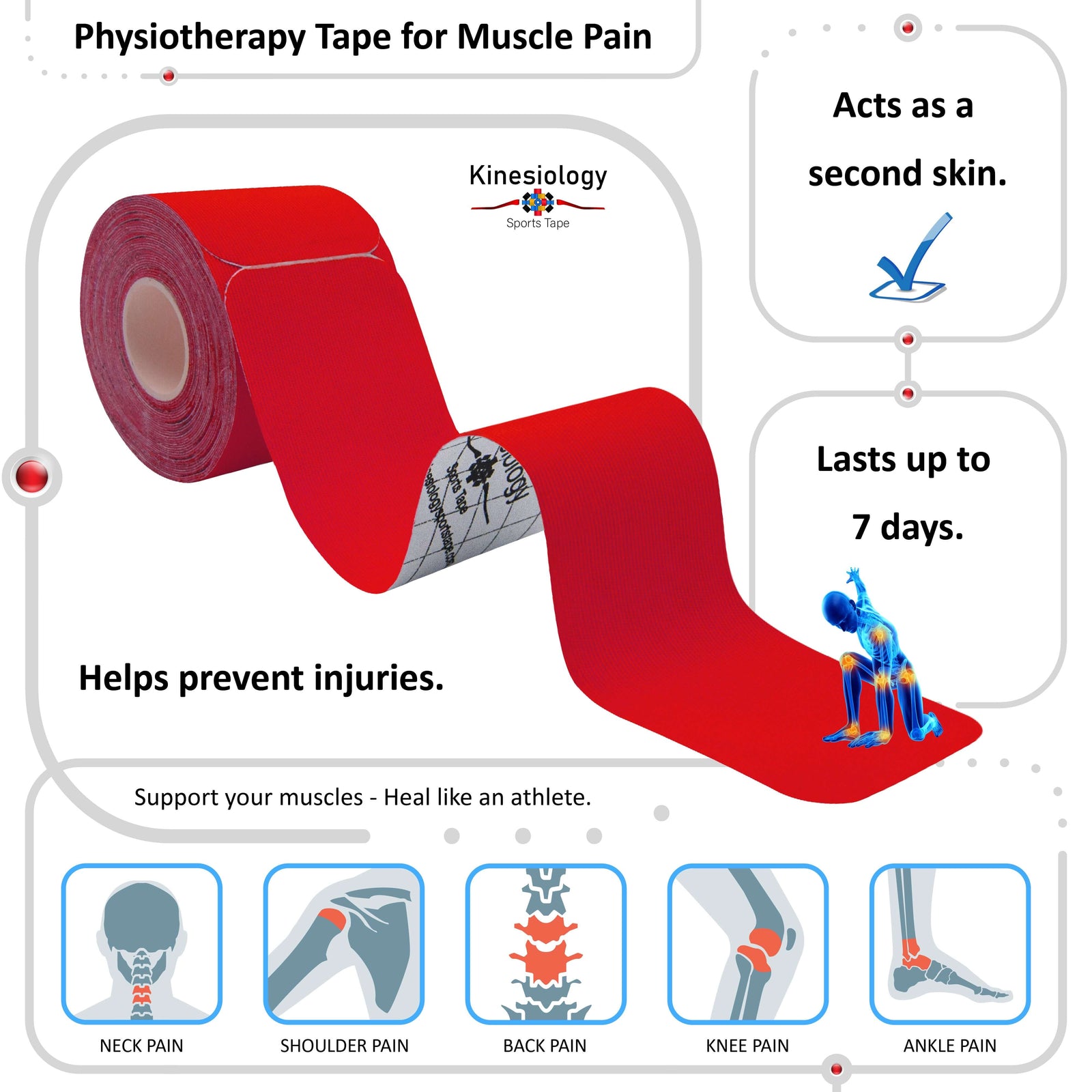 Red physiotherapy kinesiology tape for muscle pain – neck, shoulder, back, knee and ankle, lasts up to 7 days – Kinesiology Sports Tape