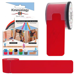 Red kinesiology tape retail box with a pre-cut roll in its built-in dispenser and a loose strip – red synthetic kinesiology tape, Kinesiology Sports Tape