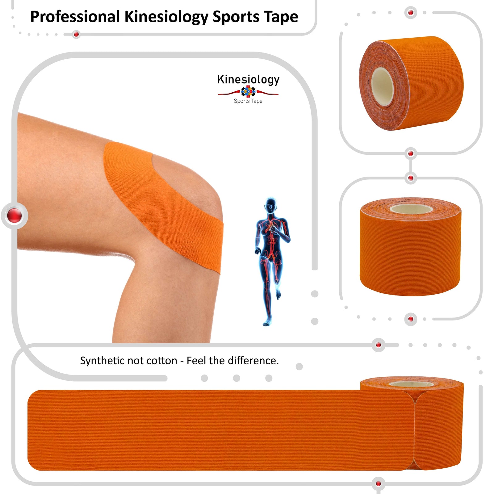 Orange kinesiology tape applied to a man's neck and shoulder, with two rolls of tape beside him – professional sports tape, Kinesiology Sports Tape