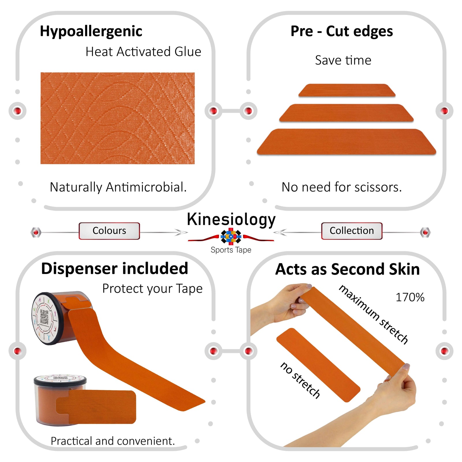 Orange kinesiology tape features: hypoallergenic heat-activated glue, pre-cut edges, dispenser included, 170% stretch – Kinesiology Sports Tape