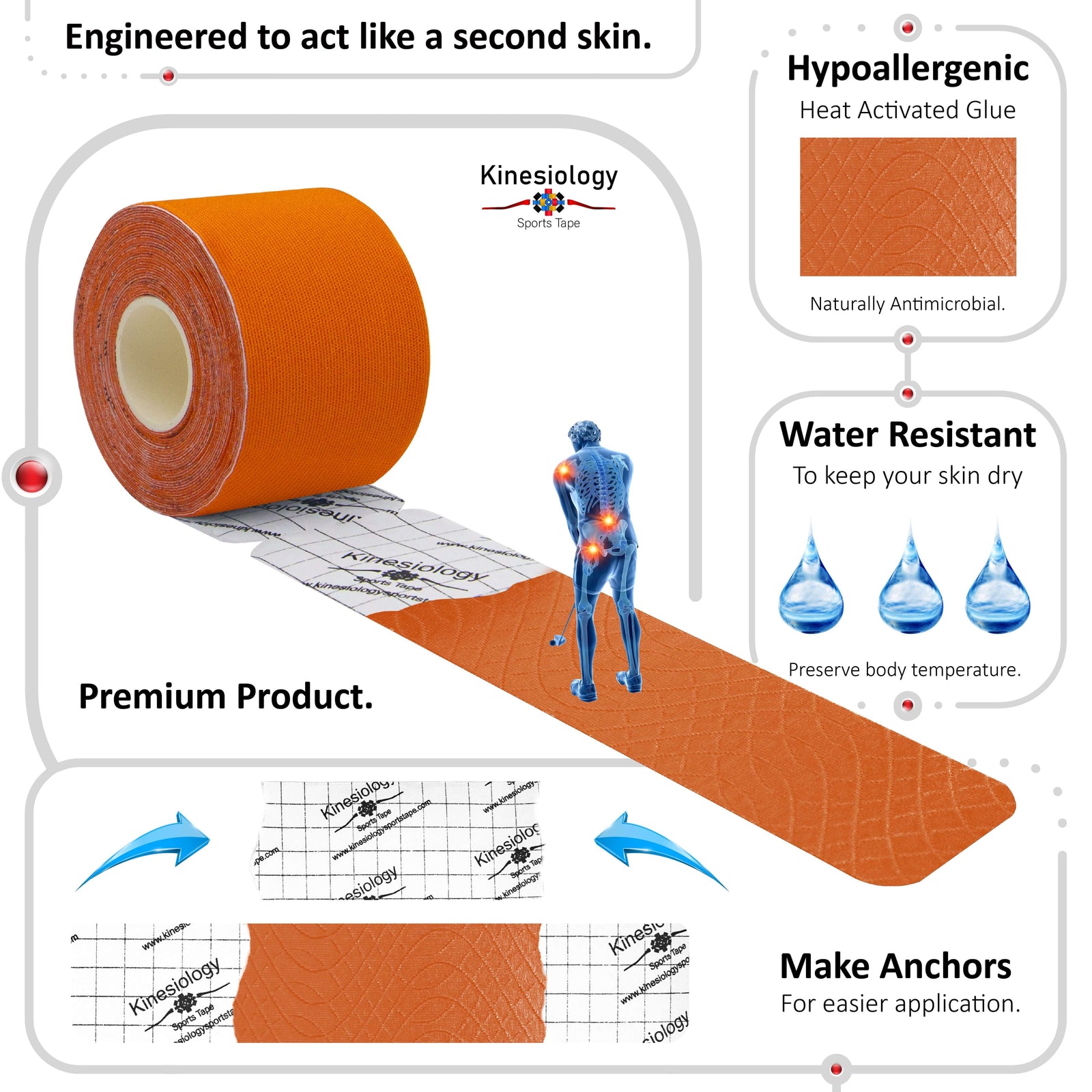 Orange kinesiology tape unrolling from its backing paper, showing the anchor markings – water-resistant, acts like a second skin – Kinesiology Sports Tape