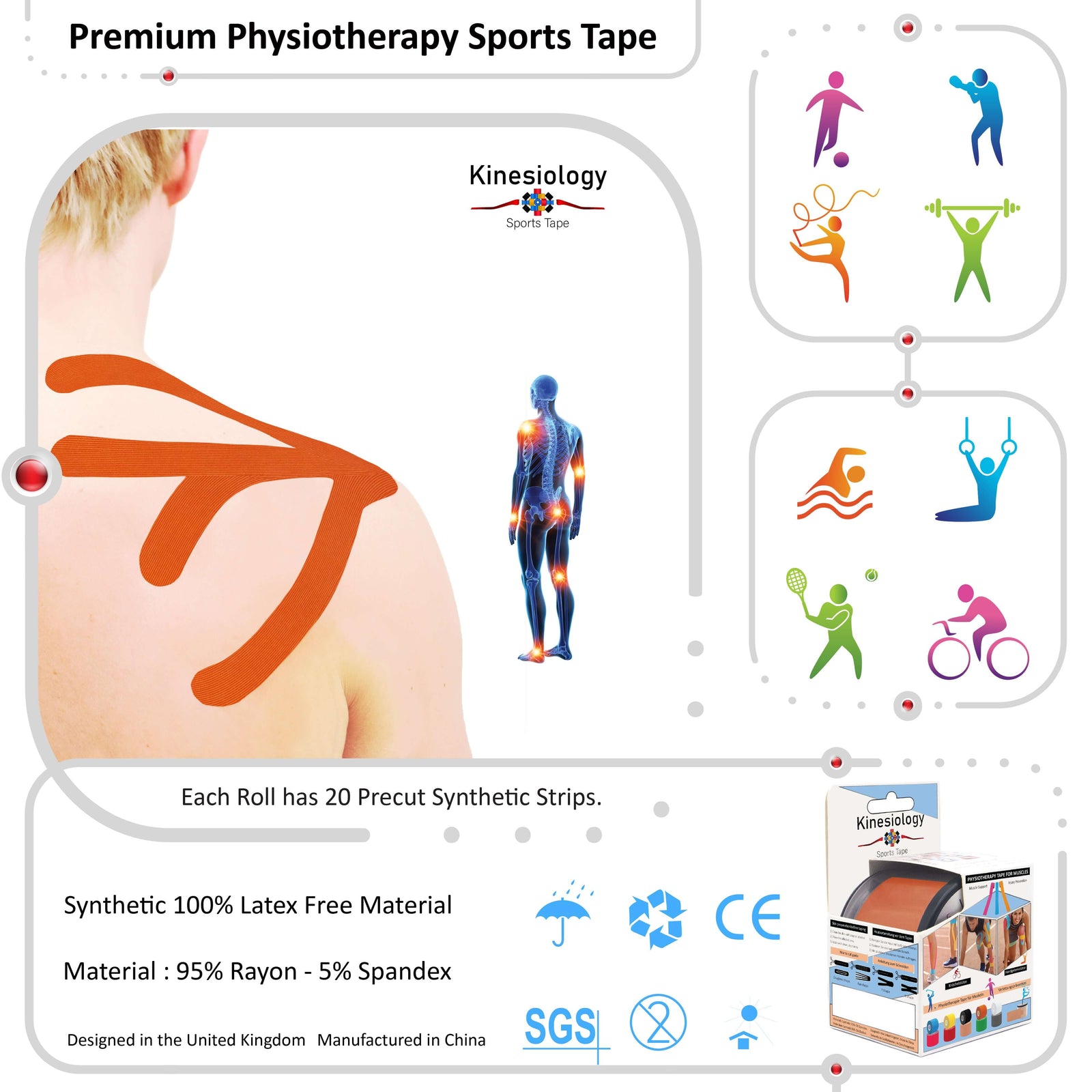 Orange kinesiology tape applied to a woman's knee – 20 pre-cut strips per roll, latex-free 95% rayon 5% spandex – Kinesiology Sports Tape