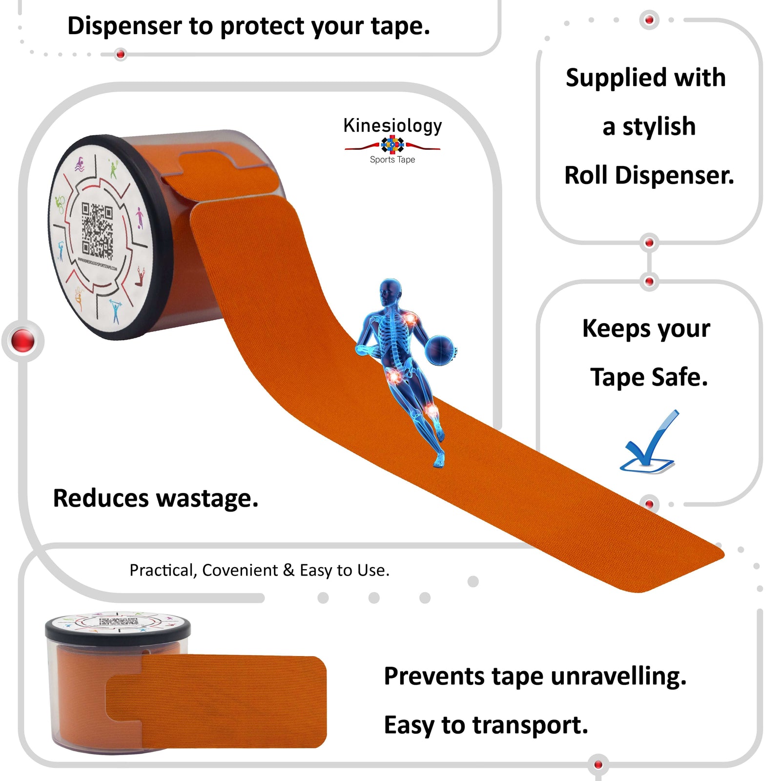 Orange kinesiology tape in its built-in roll dispenser, which keeps the tape safe and stops it unravelling – Kinesiology Sports Tape