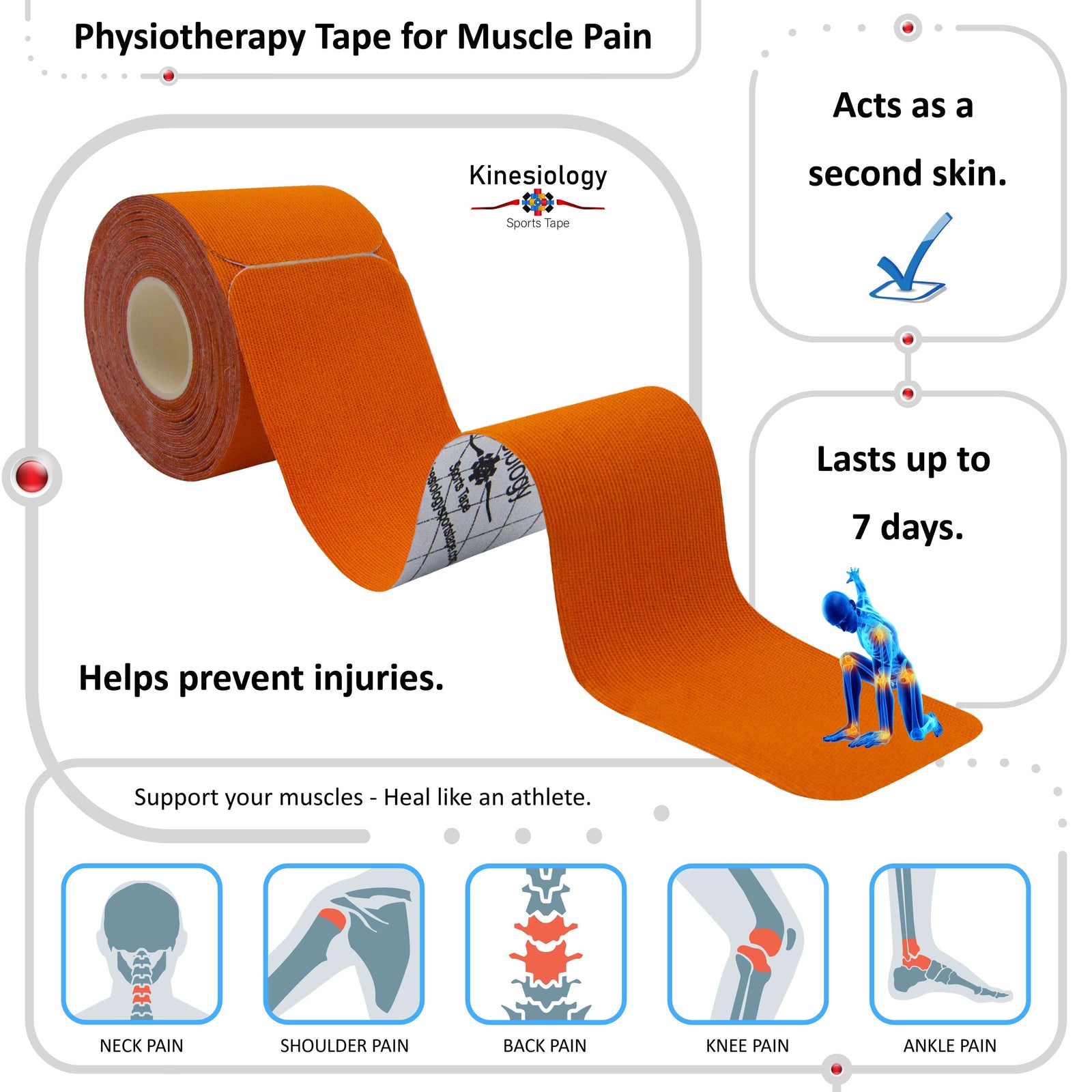 Orange physiotherapy kinesiology tape for muscle pain – neck, shoulder, back, knee and ankle, lasts up to 7 days – Kinesiology Sports Tape