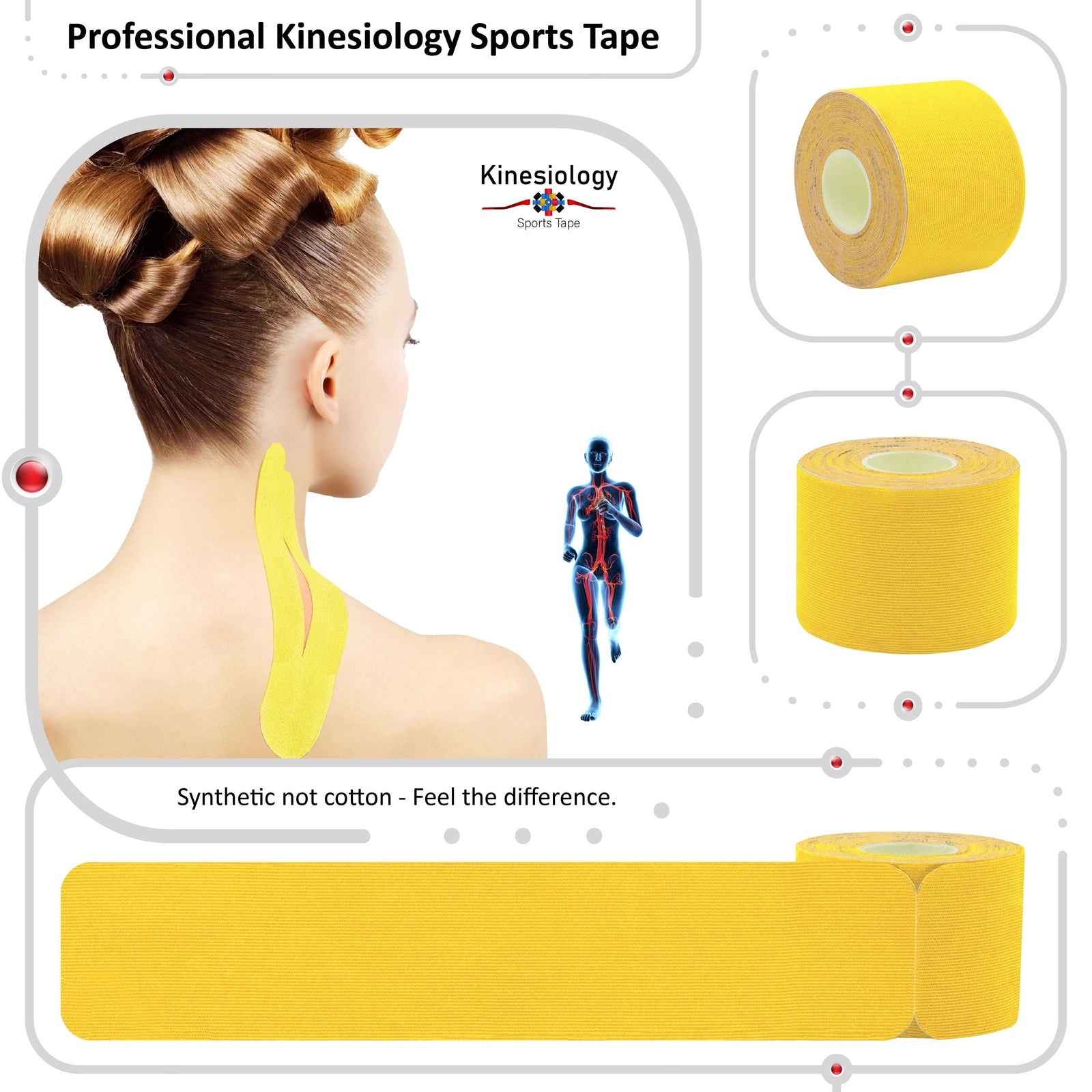 Yellow kinesiology tape applied to a man's neck and shoulder, with two rolls of tape beside him – professional sports tape, Kinesiology Sports Tape
