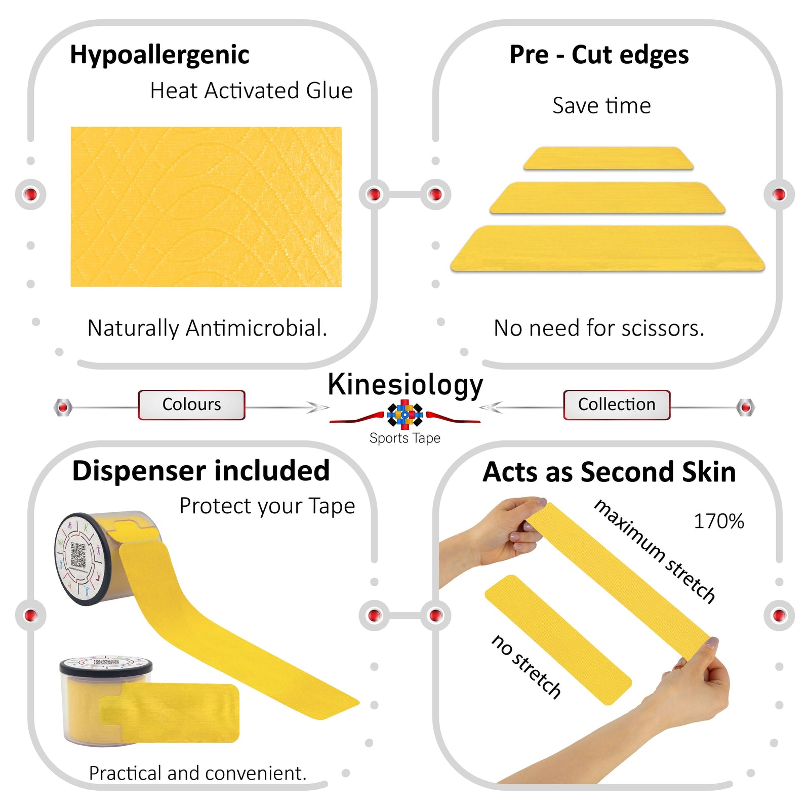 Yellow kinesiology tape features: hypoallergenic heat-activated glue, pre-cut edges, dispenser included, 170% stretch – Kinesiology Sports Tape