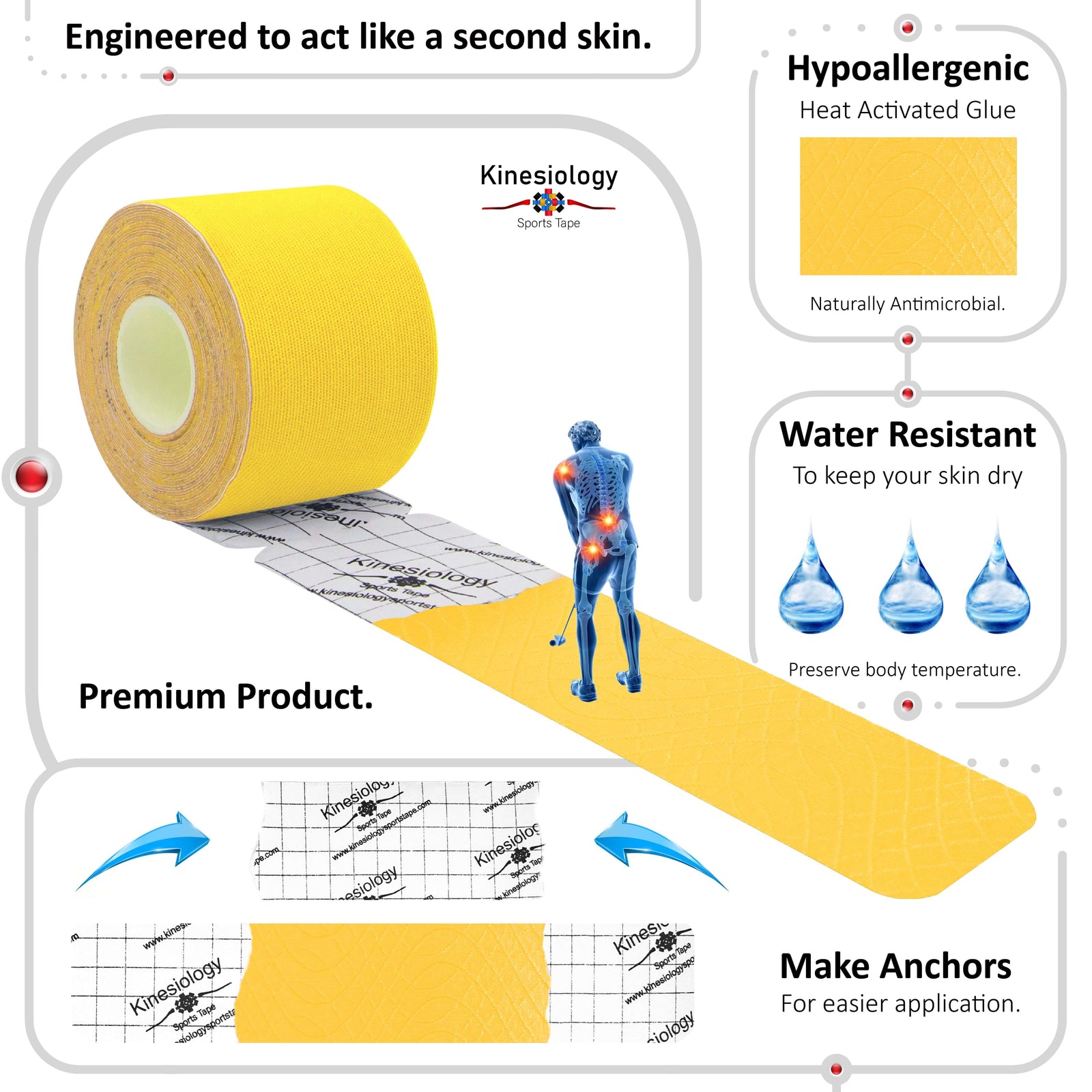 Yellow kinesiology tape unrolling from its backing paper, showing the anchor markings – water-resistant, acts like a second skin – Kinesiology Sports Tape