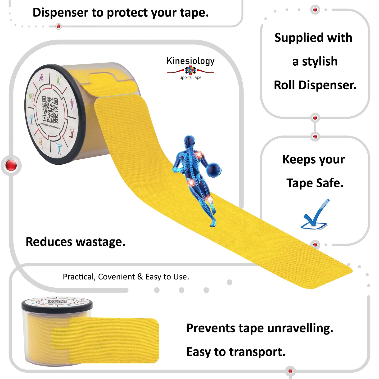 Yellow kinesiology tape in its built-in roll dispenser, which keeps the tape safe and stops it unravelling – Kinesiology Sports Tape