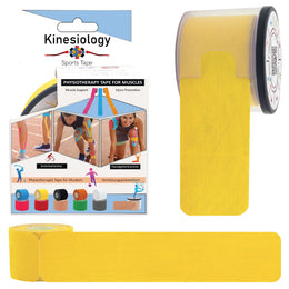 Yellow kinesiology tape retail box with a pre-cut roll in its built-in dispenser and a loose strip – yellow synthetic kinesiology tape, Kinesiology Sports Tape