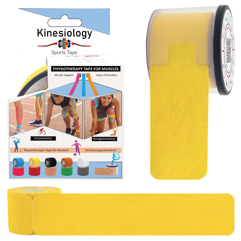 Yellow kinesiology tape retail box with a pre-cut roll in its built-in dispenser and a loose strip – yellow synthetic kinesiology tape, Kinesiology Sports Tape