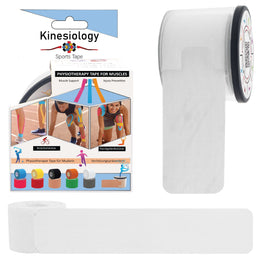 White kinesiology tape retail box with a pre-cut roll in its built-in dispenser and a loose strip – white synthetic kinesiology tape, Kinesiology Sports Tape