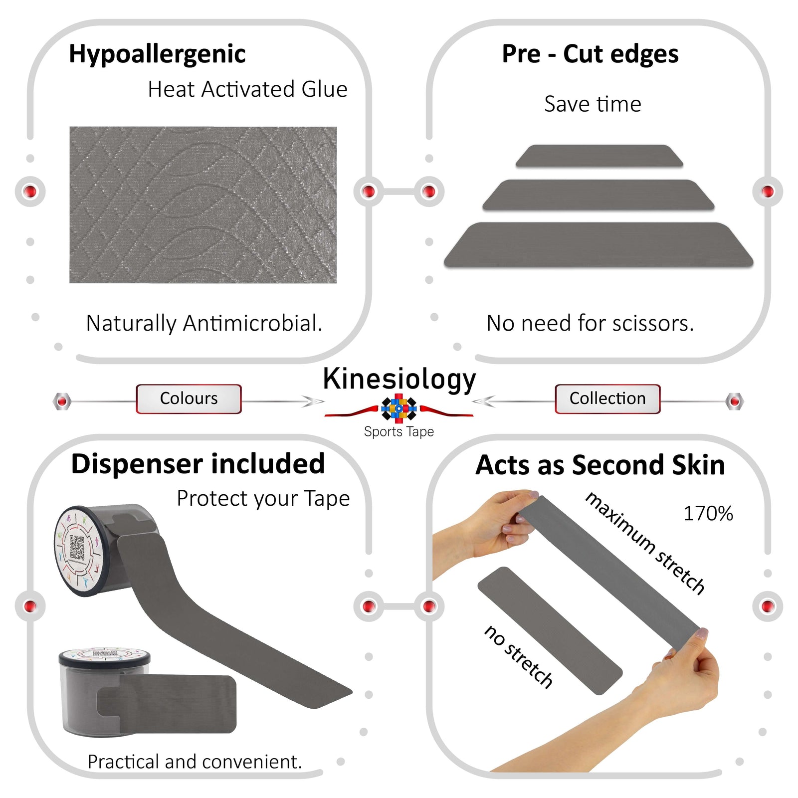 Grey kinesiology tape features: hypoallergenic heat-activated glue, pre-cut edges, dispenser included, 170% stretch – Kinesiology Sports Tape