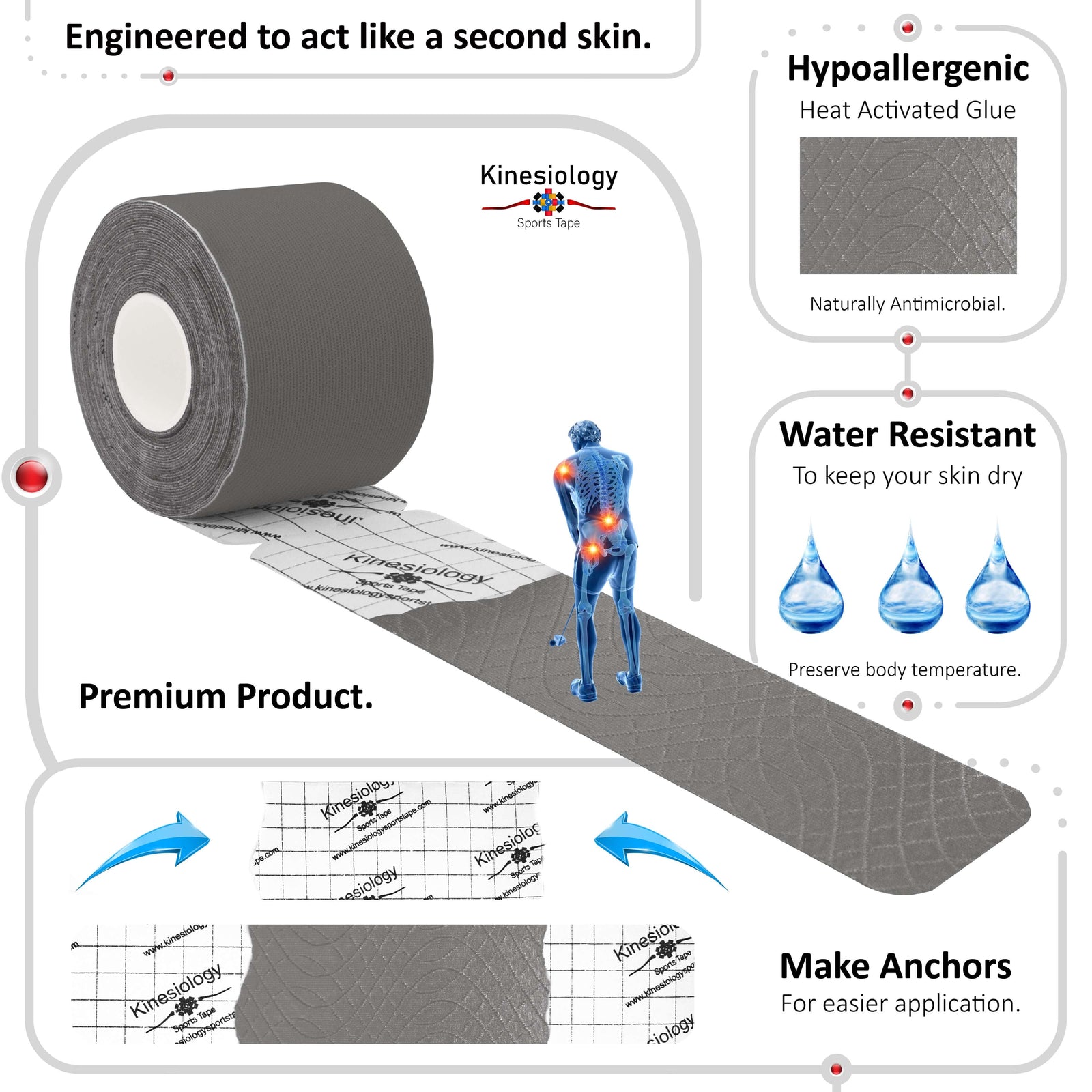 Grey kinesiology tape unrolling from its backing paper, showing the anchor markings – water-resistant, acts like a second skin – Kinesiology Sports Tape