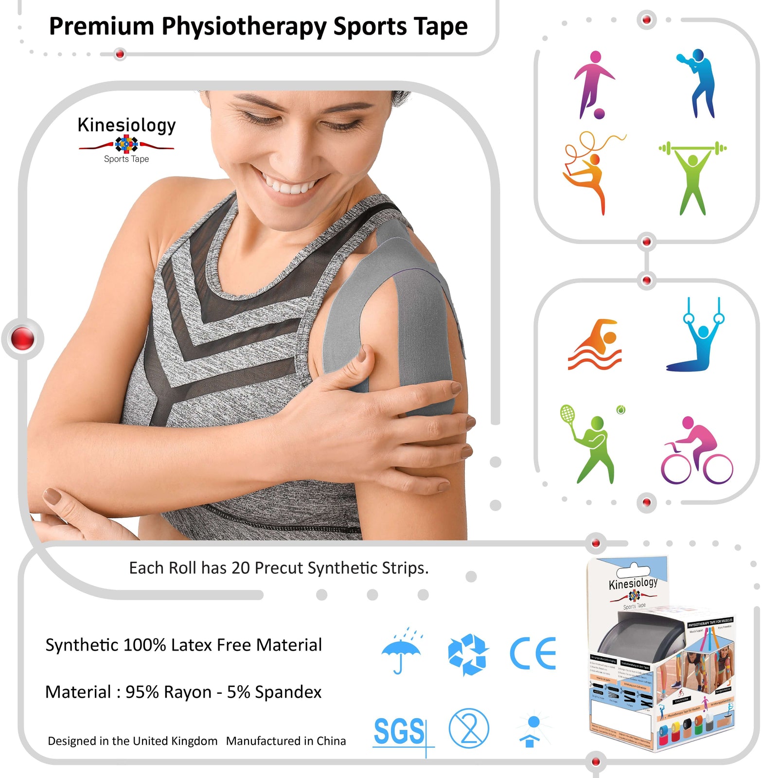 Grey kinesiology tape applied to a woman's knee – 20 pre-cut strips per roll, latex-free 95% rayon 5% spandex – Kinesiology Sports Tape
