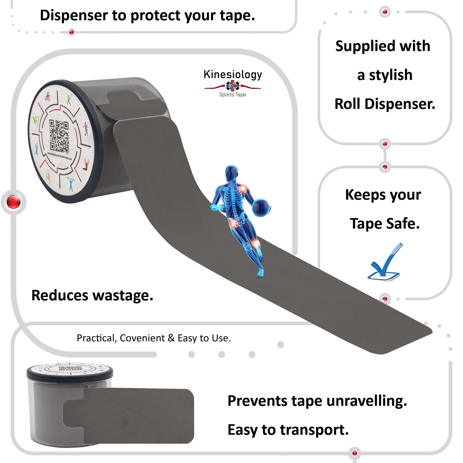 Grey kinesiology tape in its built-in roll dispenser, which keeps the tape safe and stops it unravelling – Kinesiology Sports Tape