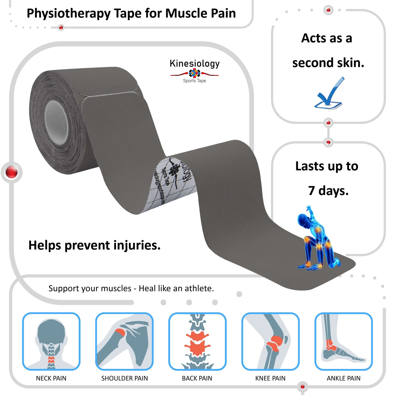 Grey physiotherapy kinesiology tape for muscle pain – neck, shoulder, back, knee and ankle, lasts up to 7 days – Kinesiology Sports Tape
