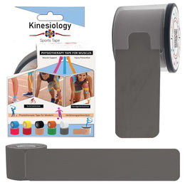 Grey kinesiology tape retail box with a pre-cut roll in its built-in dispenser and a loose strip – grey synthetic kinesiology tape, Kinesiology Sports Tape