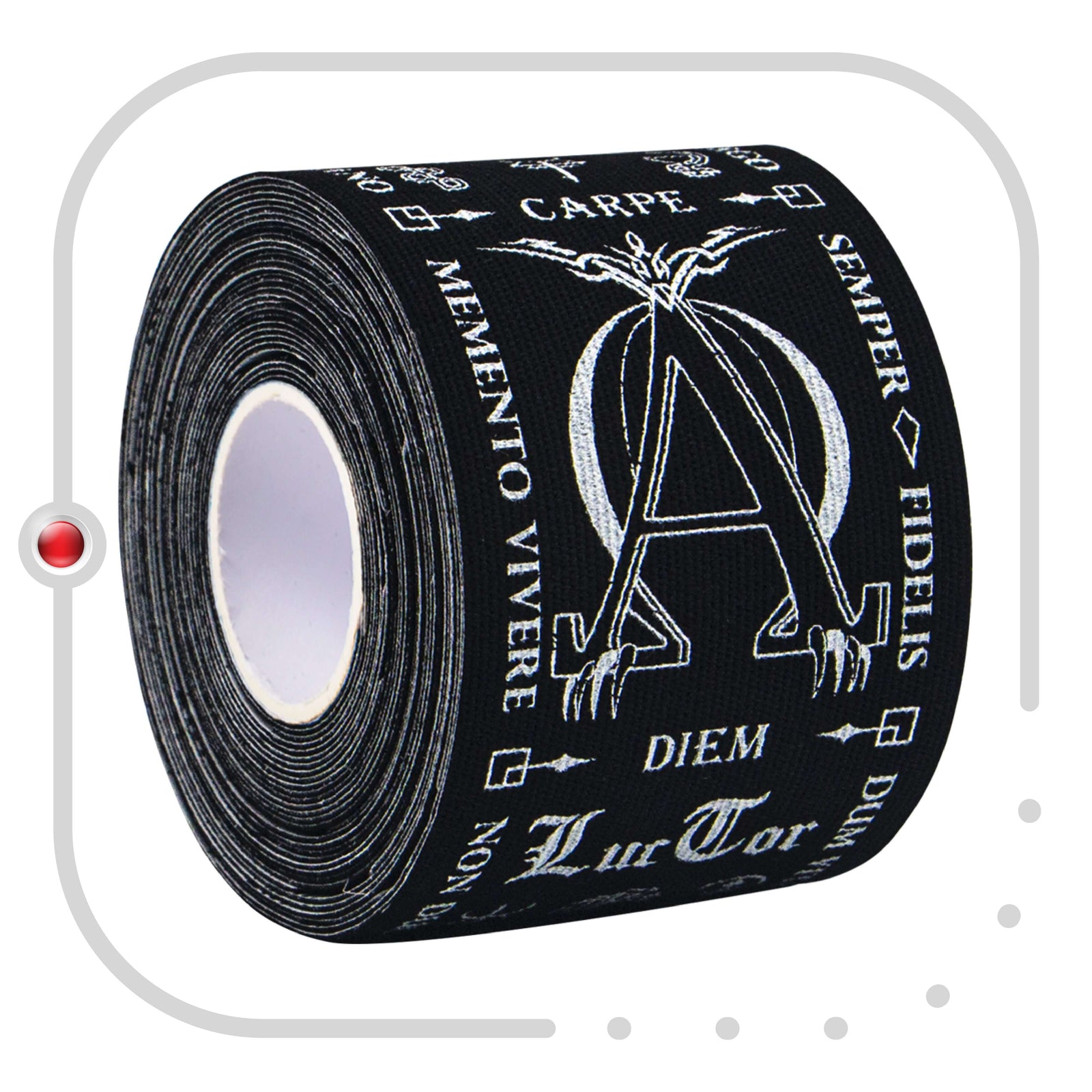 Close-up of a roll of Black Latin Talisman kinesiology tape showing the Latin and Greek motto print – Kinesiology Sports Tape