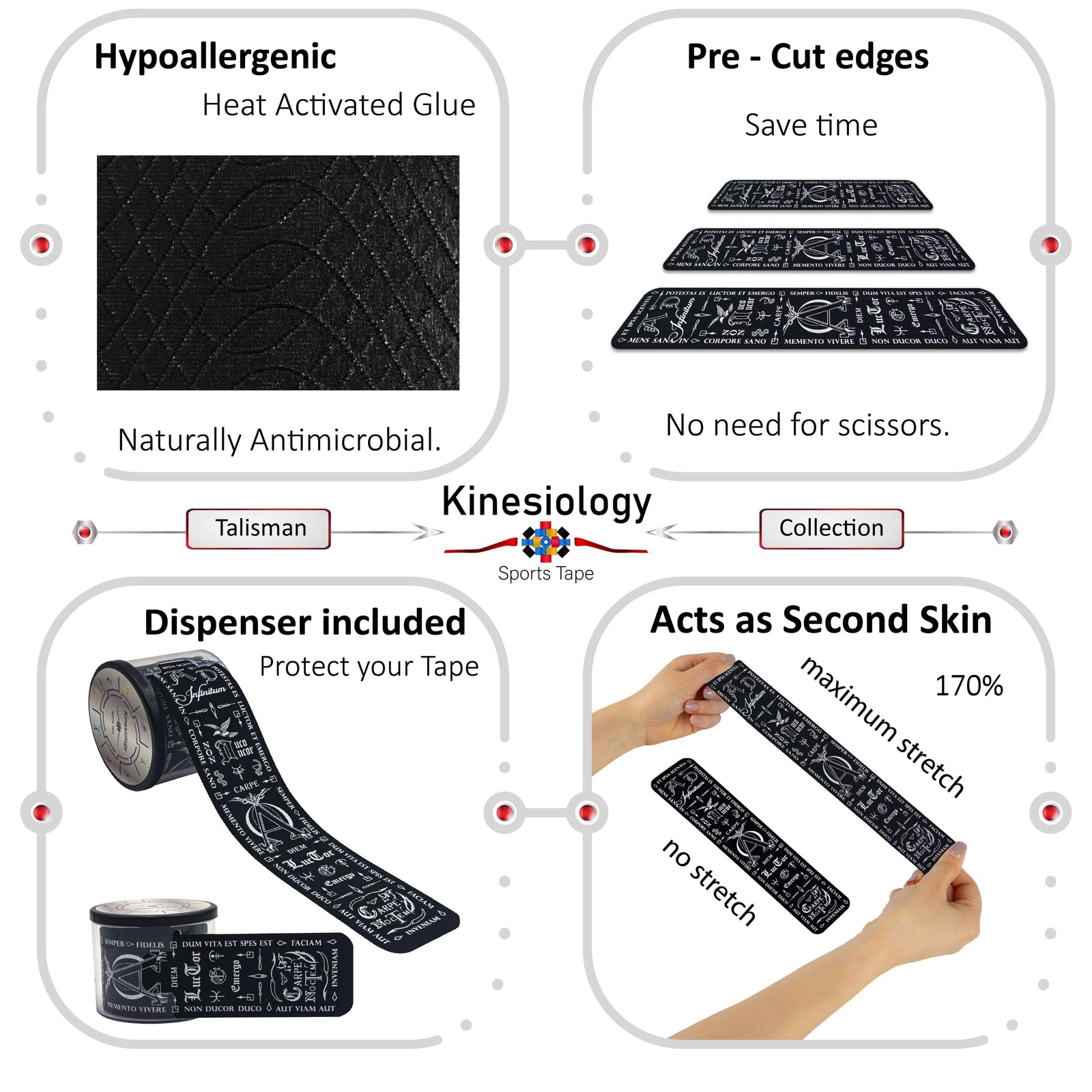 Black Latin Talisman kinesiology tape features: hypoallergenic heat-activated glue, pre-cut edges, dispenser included, 170% stretch – Kinesiology Sports Tape