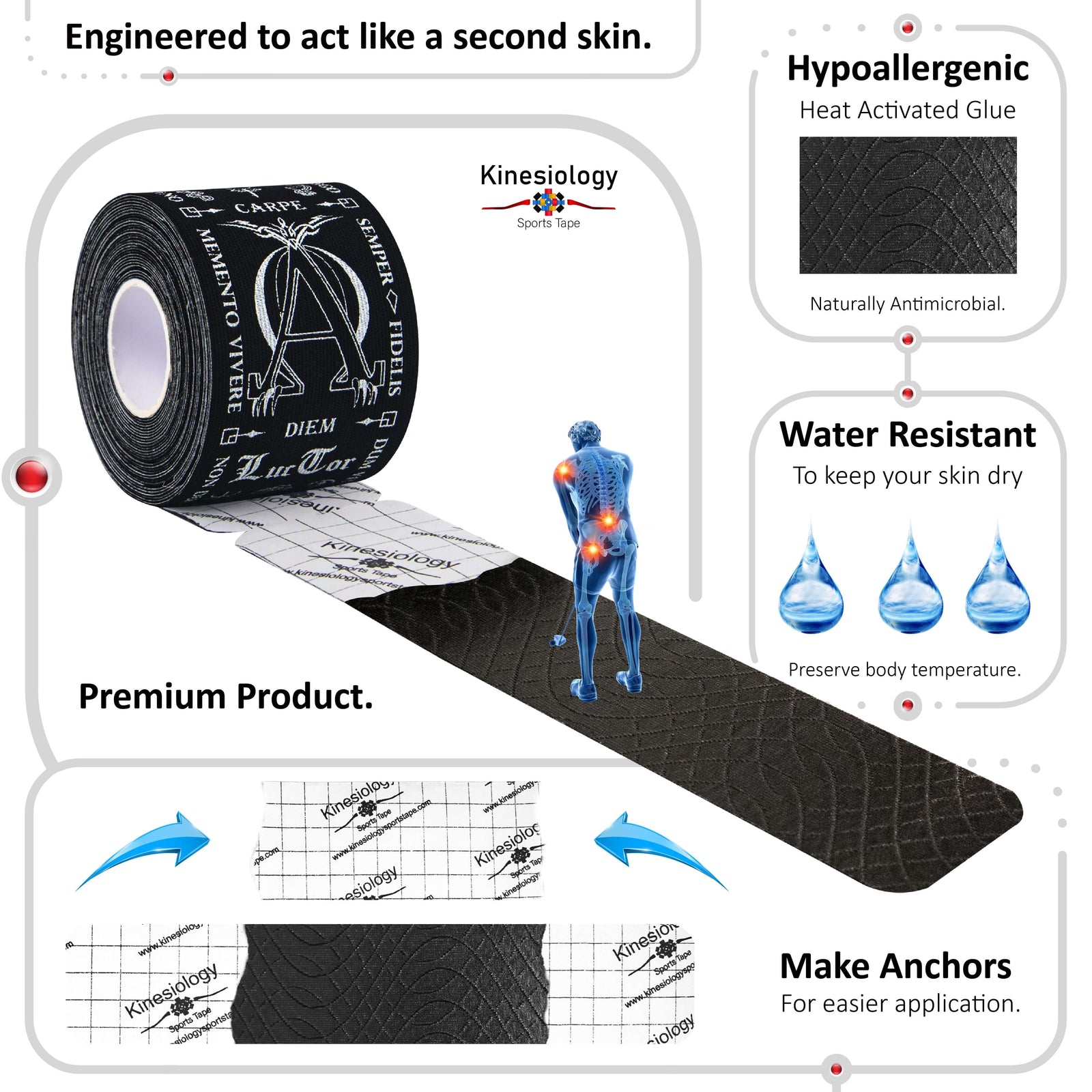 Black Latin Talisman kinesiology tape unrolling from its backing paper, showing the anchor markings – water-resistant, acts like a second skin – Kinesiology Sports Tape