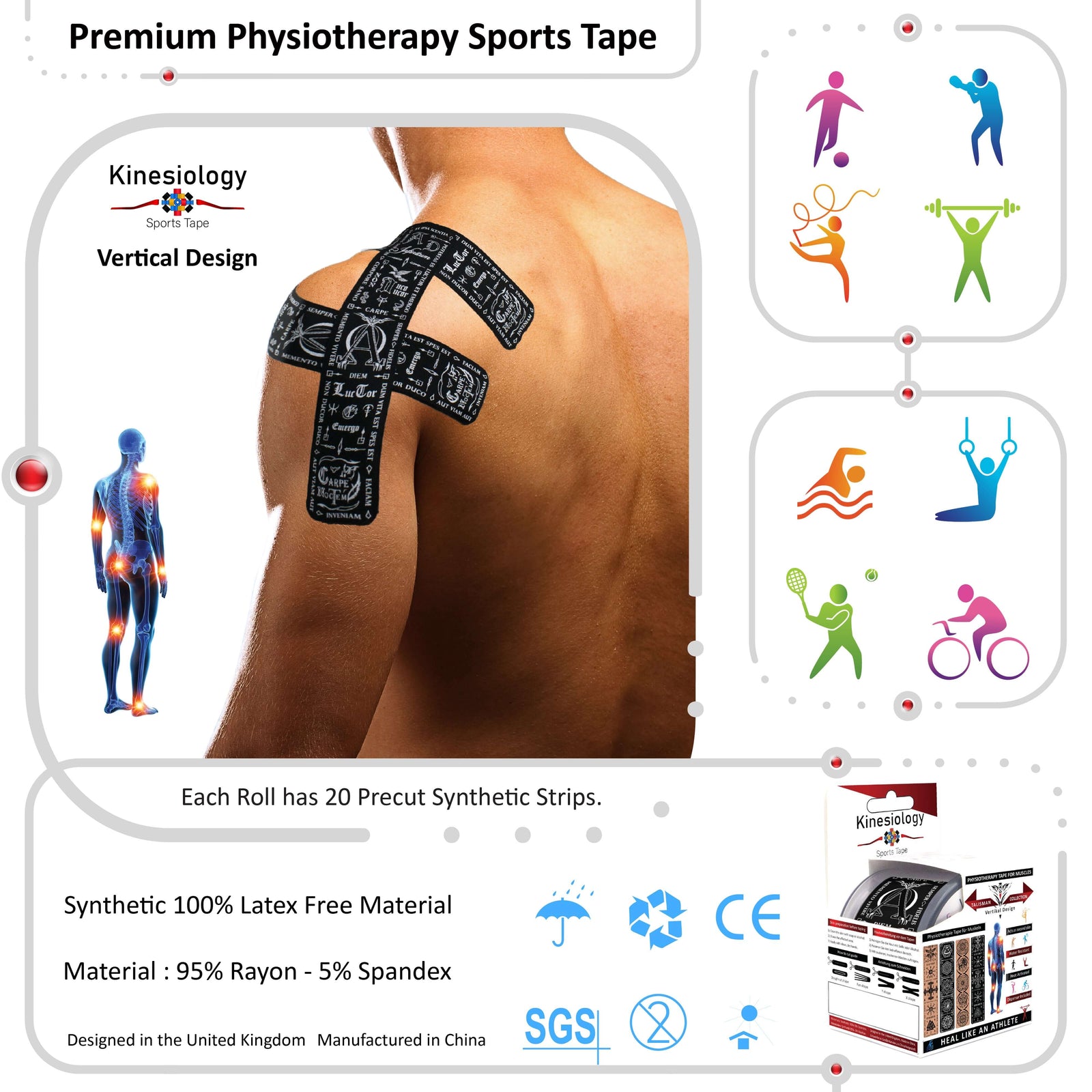Black Latin Talisman kinesiology tape applied to a man's shoulder in a cross pattern – vertical design, pre-cut strips, Kinesiology Sports Tape