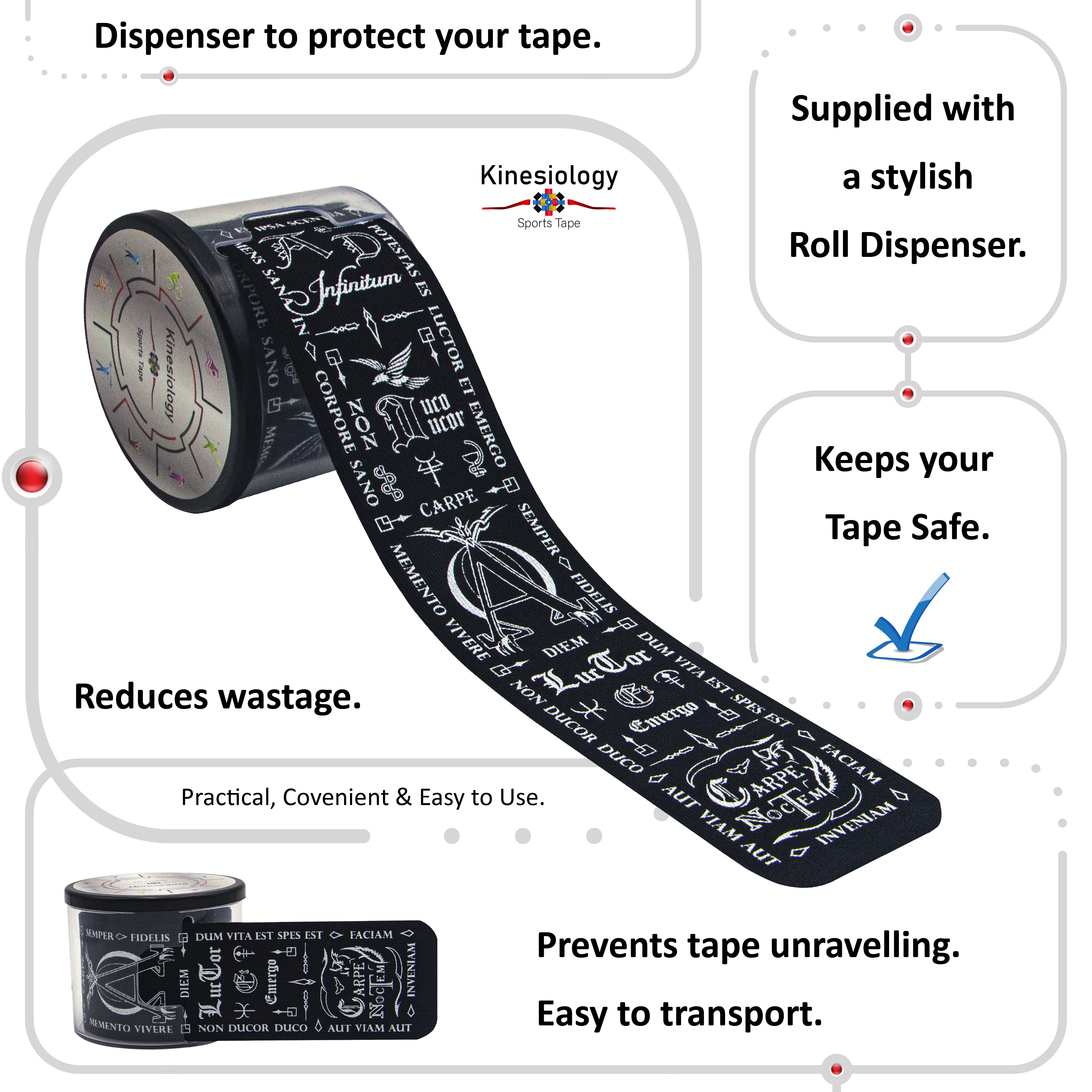 Black Kinesiology Tape Pre Cut with Dispenser - Talisman - Latin - Greek - Vertical Design