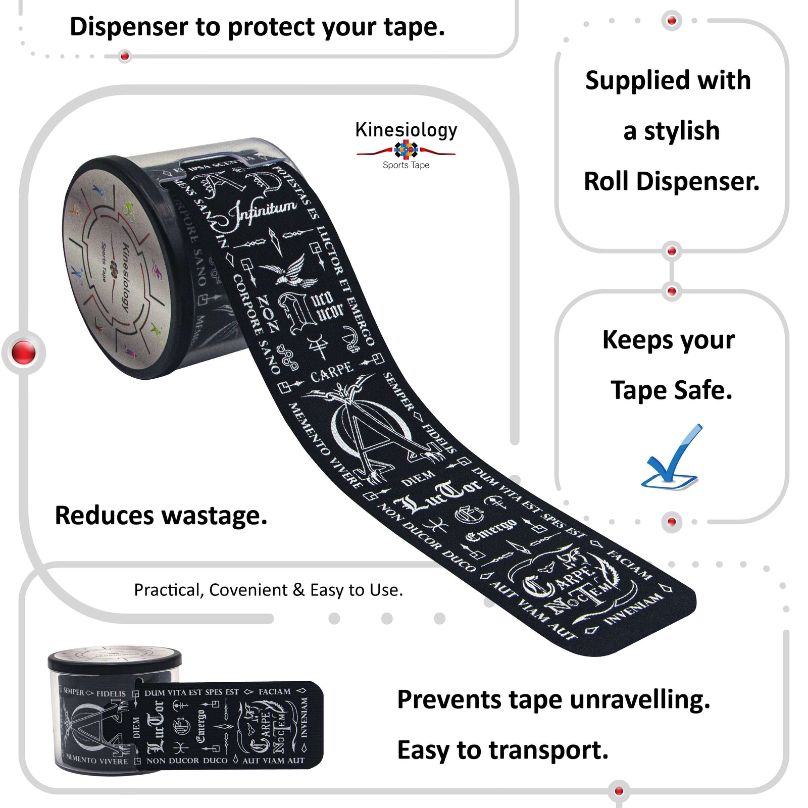 Black Latin Talisman kinesiology tape in its built-in roll dispenser, which keeps the tape safe and stops it unravelling – Kinesiology Sports Tape