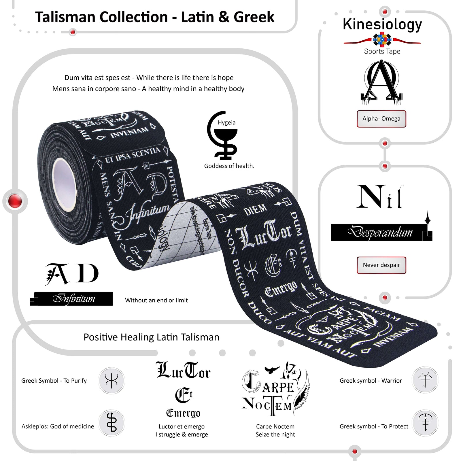 Roll of Black Latin Talisman kinesiology tape with the meanings of its Latin motto and Greek symbols explained – Talisman Collection, Kinesiology Sports Tape