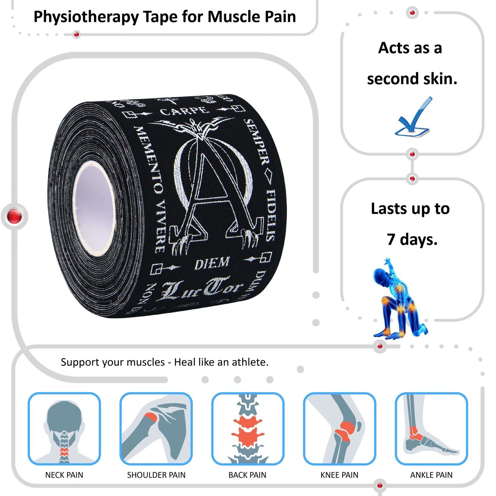 Roll of black Latin Talisman kinesiology tape printed with Latin mottoes including Mens Sana in Corpore Sano and Carpe Diem, vertical print – 20 pre-cut 5cm x 25cm strips per roll, latex-free 95% rayon and 5% spandex, lasts 5 to 7 days