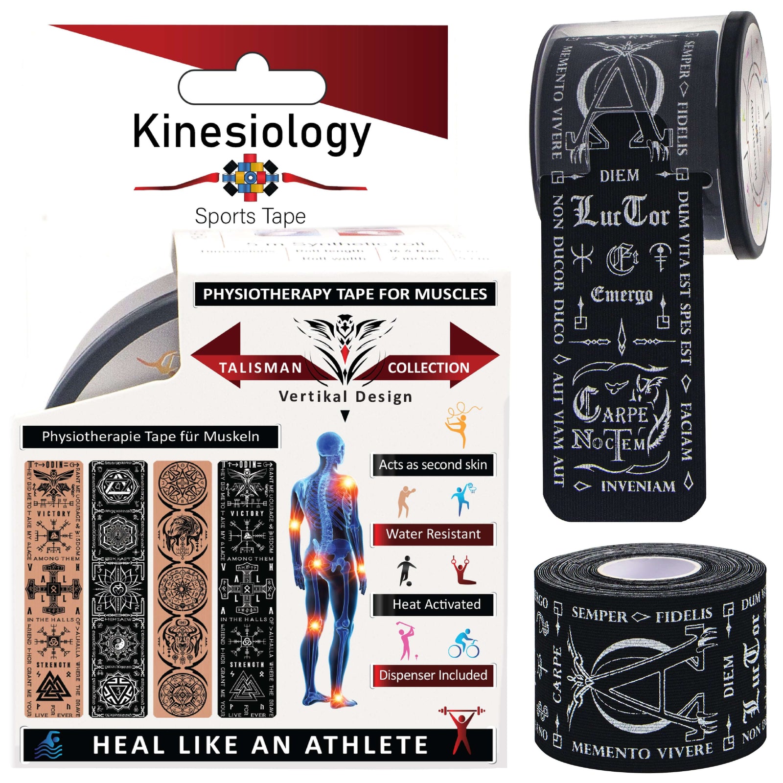 Black Latin Talisman retail box with a pre-cut roll and a loose strip of the Latin and Greek motto print – Kinesiology Sports Tape