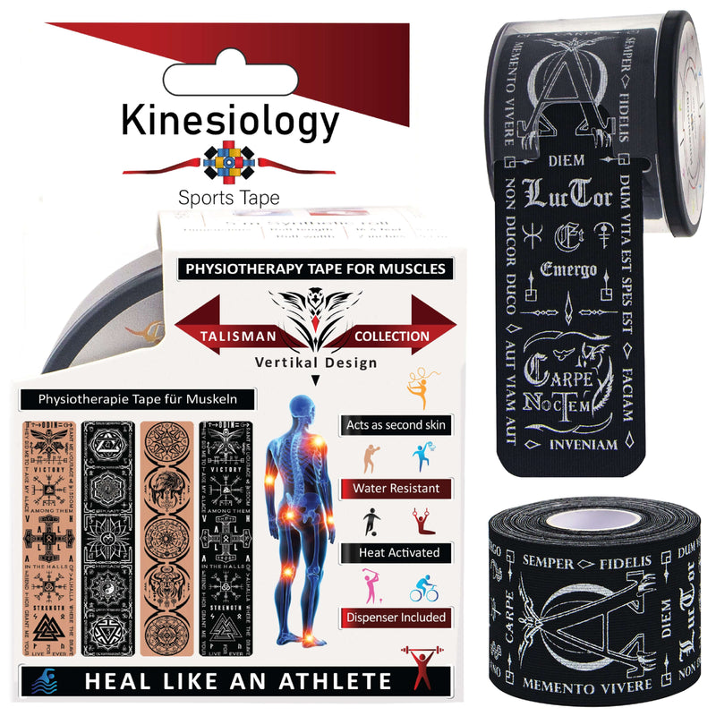 Black Latin Talisman retail box with a pre-cut roll and a loose strip of the Latin and Greek motto print – Kinesiology Sports Tape