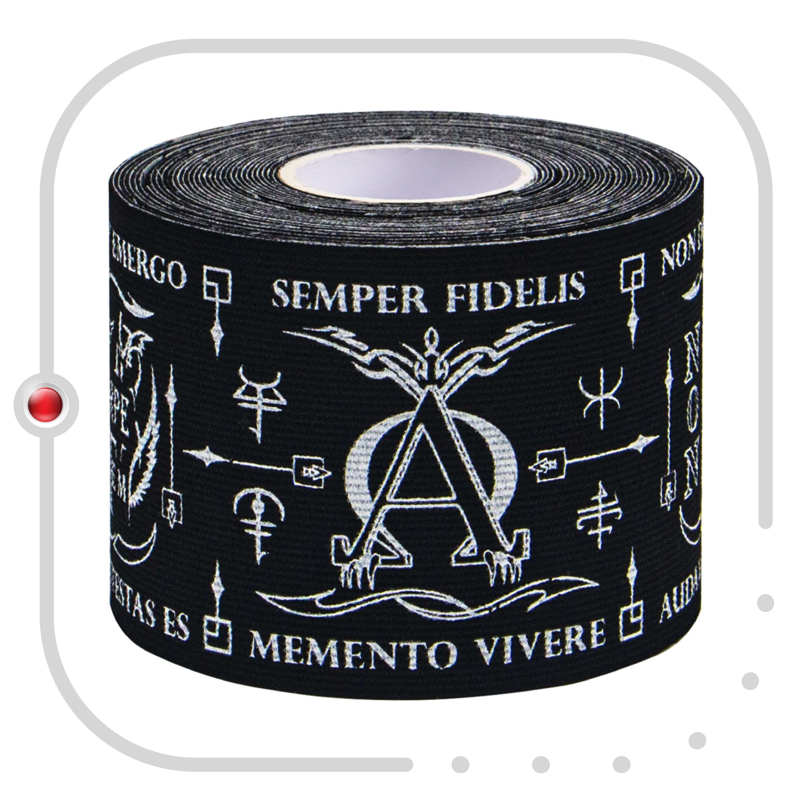 Close-up of a roll of Black Latin Talisman kinesiology tape showing the Latin and Greek motto print – Kinesiology Sports Tape