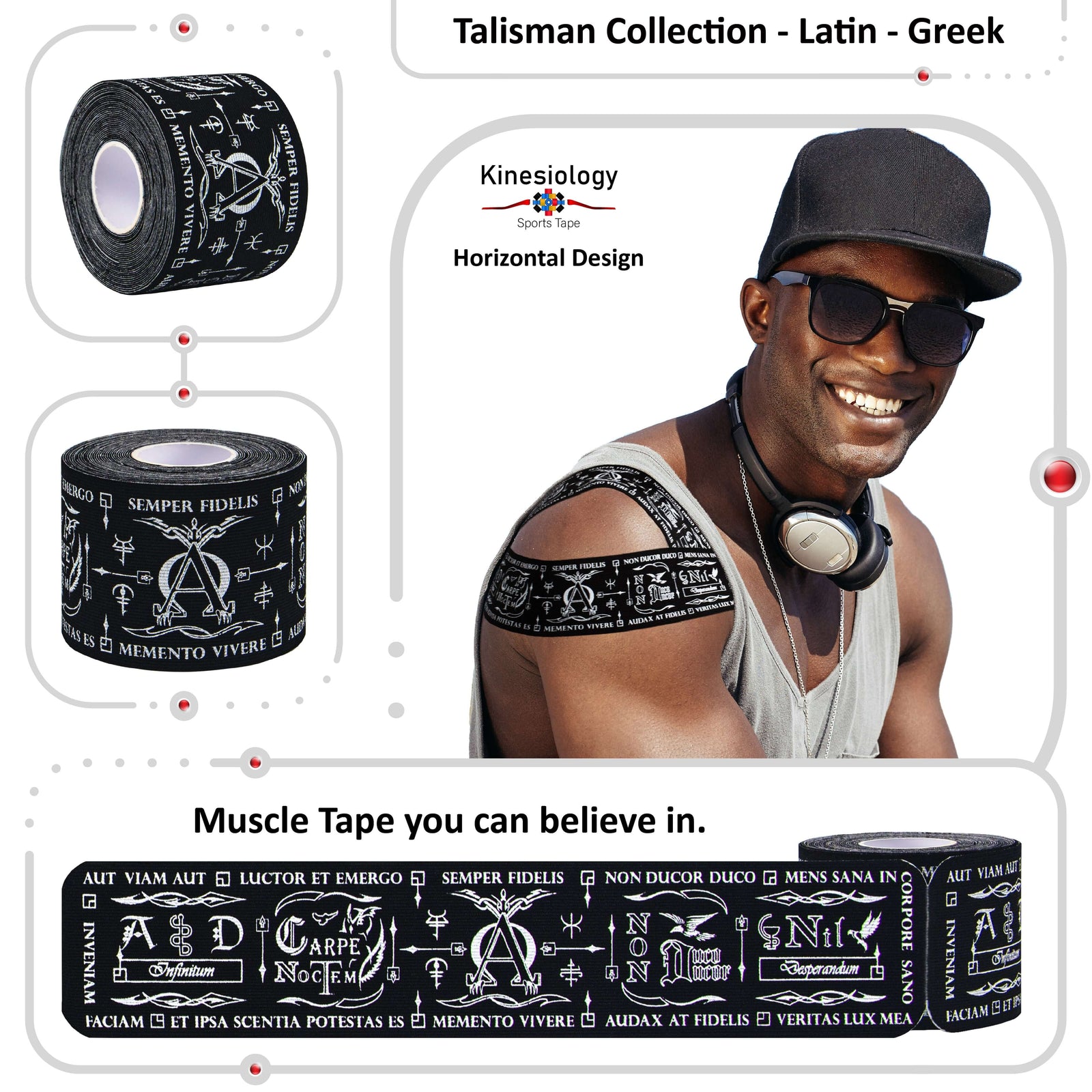 Black Latin Talisman kinesiology tape applied to a man's upper arm – horizontal design, pre-cut strips, Kinesiology Sports Tape