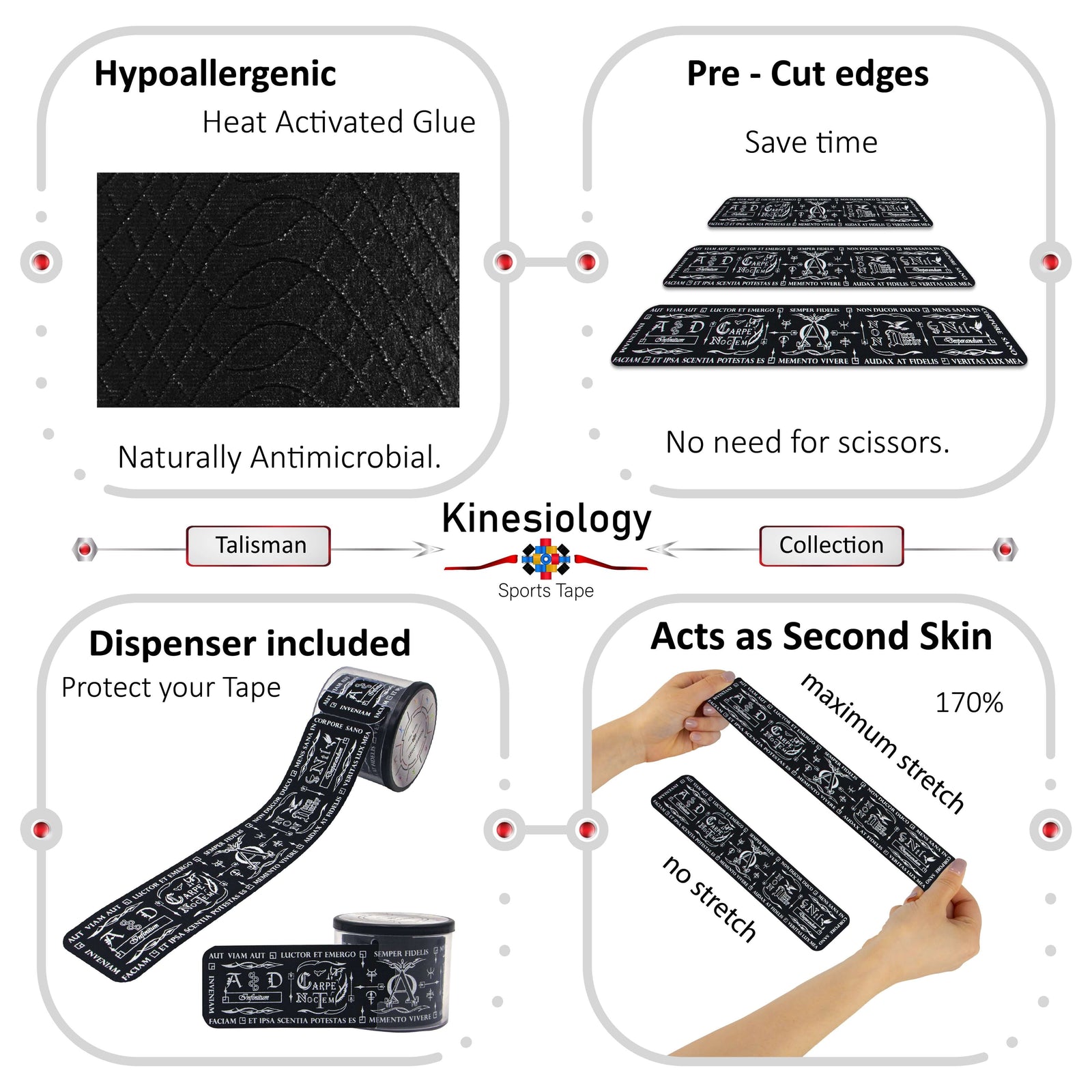 Black Latin Talisman kinesiology tape features: hypoallergenic heat-activated glue, pre-cut edges, dispenser included, 170% stretch – Kinesiology Sports Tape