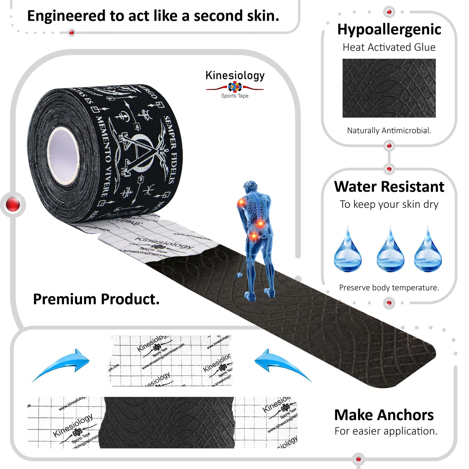 Black Latin Talisman kinesiology tape unrolling from its backing paper, showing the anchor markings – water-resistant, acts like a second skin – Kinesiology Sports Tape