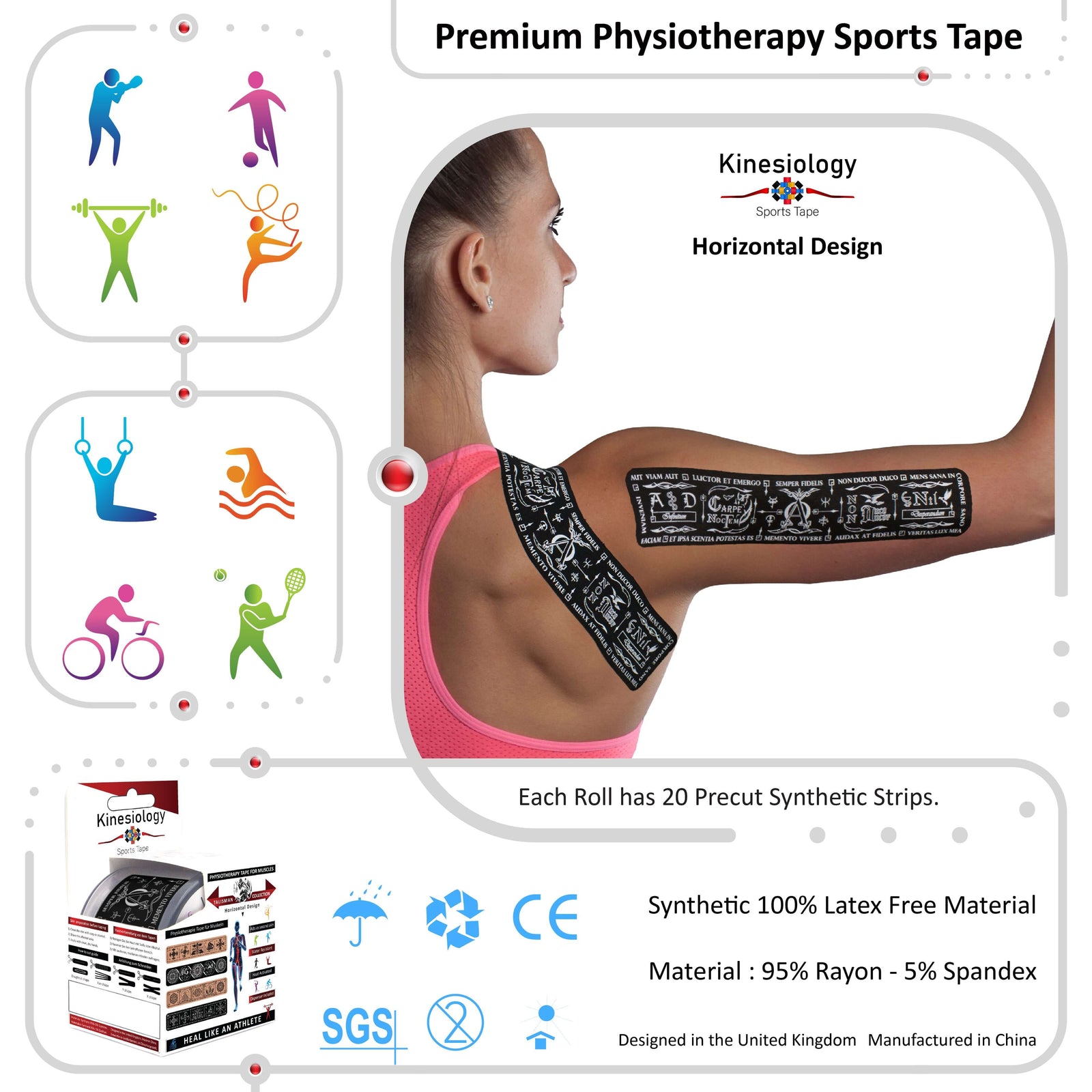 Black Latin Talisman kinesiology tape applied to a woman's upper arm and shoulder – horizontal design, pre-cut strips, Kinesiology Sports Tape