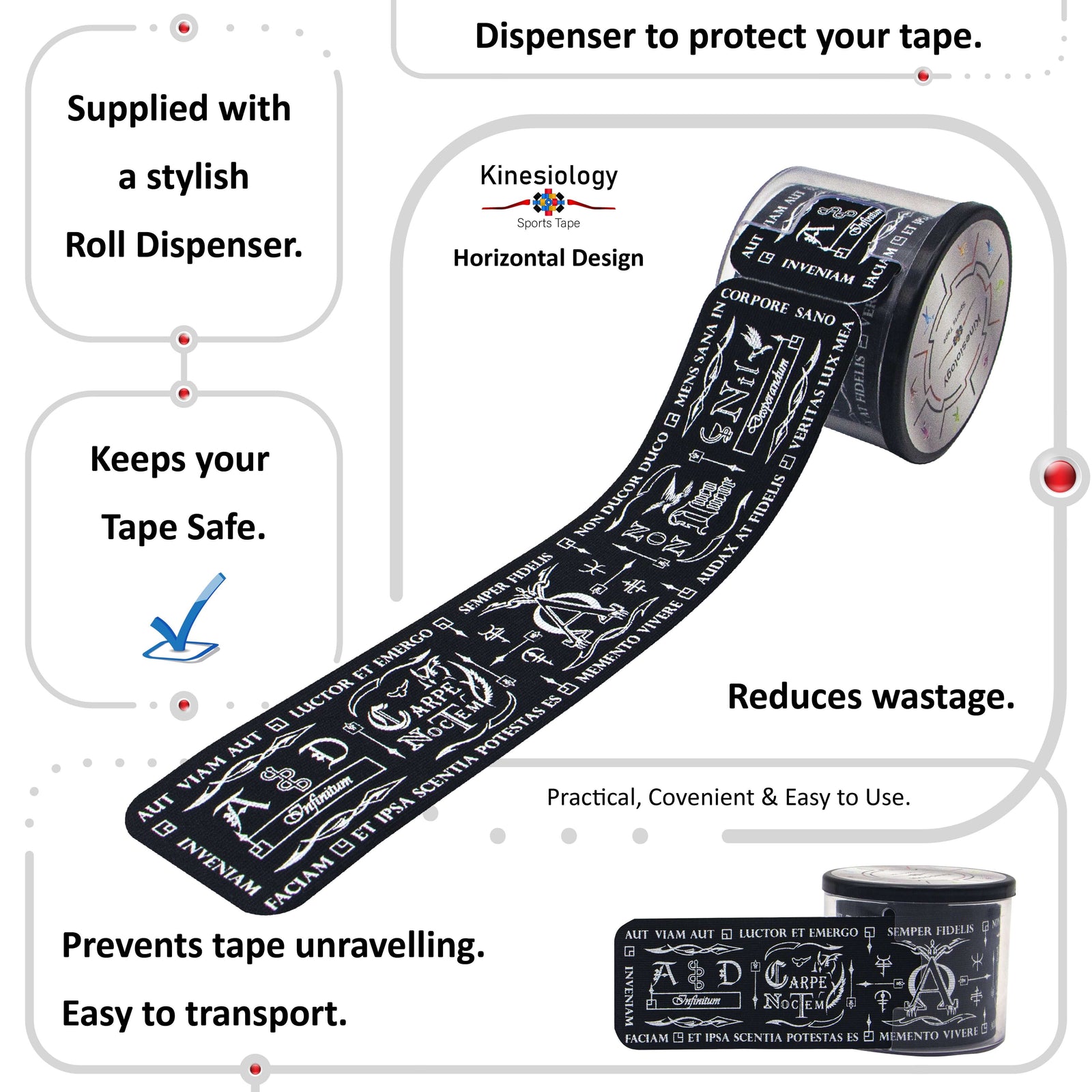 Black Latin Talisman kinesiology tape in its built-in roll dispenser, which keeps the tape safe and stops it unravelling – Kinesiology Sports Tape