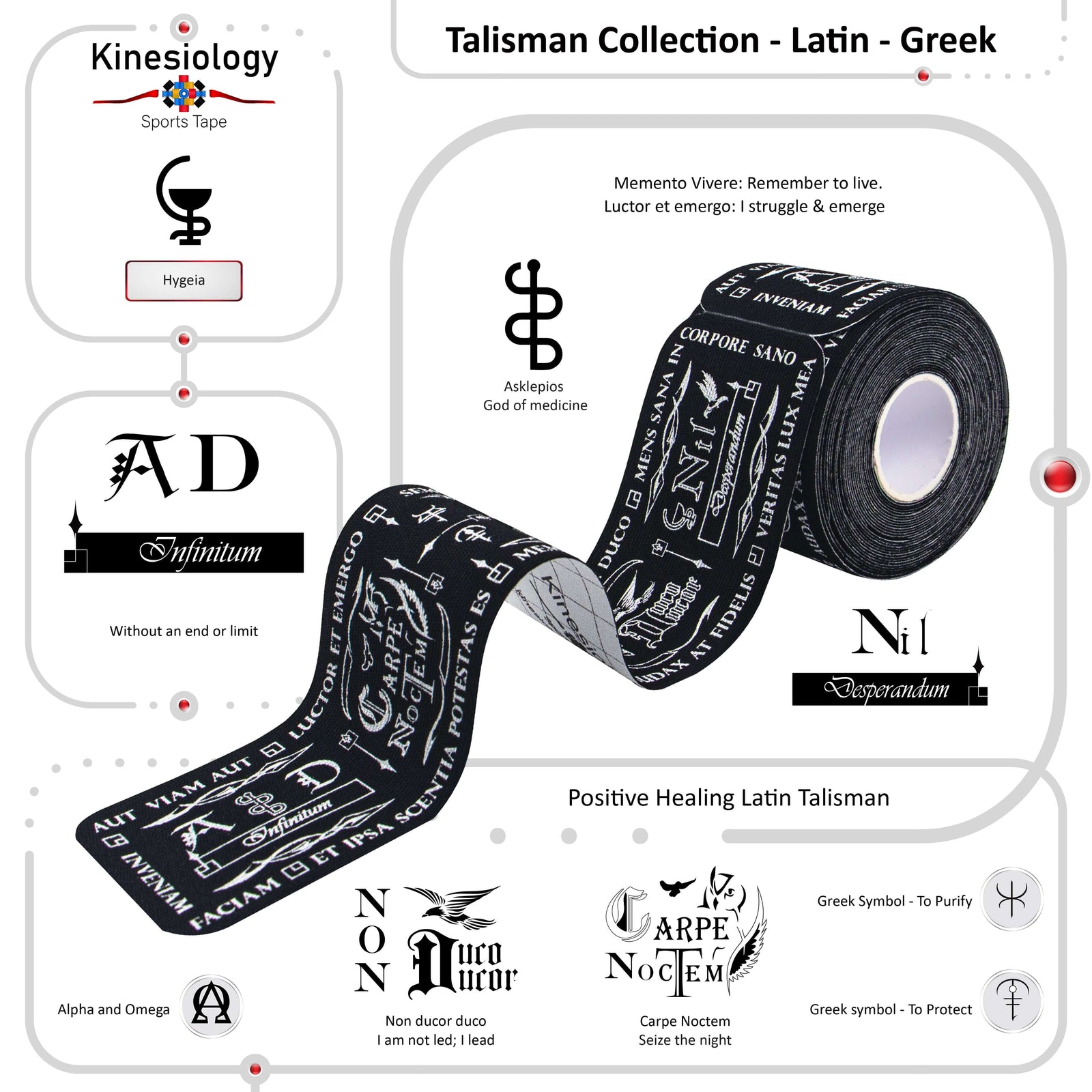 Roll of Black Latin Talisman kinesiology tape with the meanings of its Latin motto and Greek symbols explained – Talisman Collection, Kinesiology Sports Tape